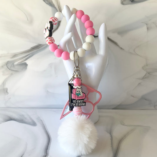 Funny Cat Pink & White Silicone Self-Defense Wristlet Keychain Set Large