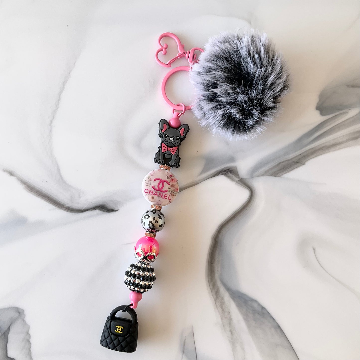 Cici Bougie Gray Frenchie Dog Pink & Black Keychain