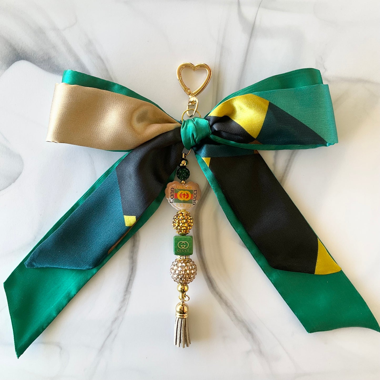 Gigi Emerald Green Print Double Satin Bow Bag Charm