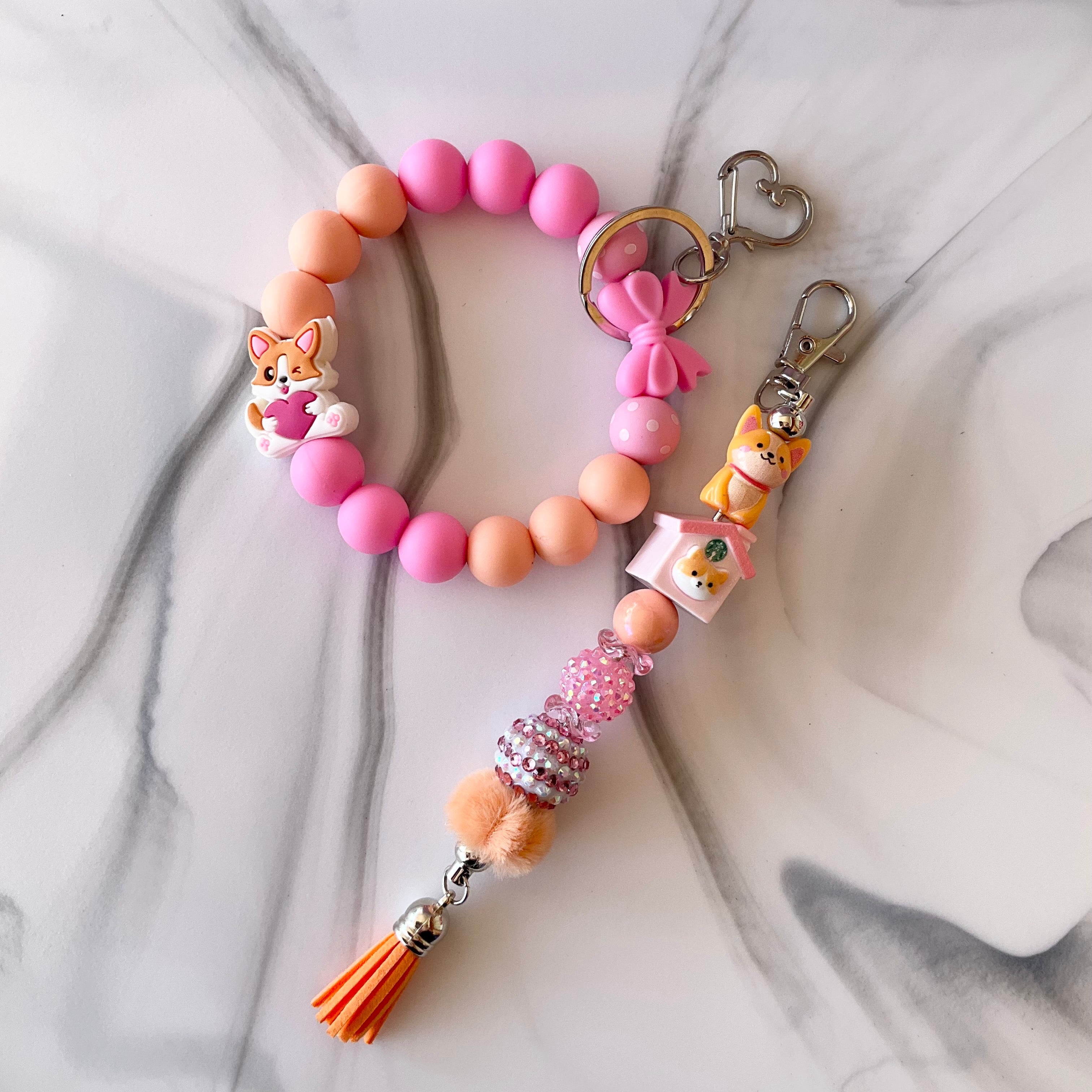 Cute Corgi Coral & Pink Silicone Wristlet and Keychain Large