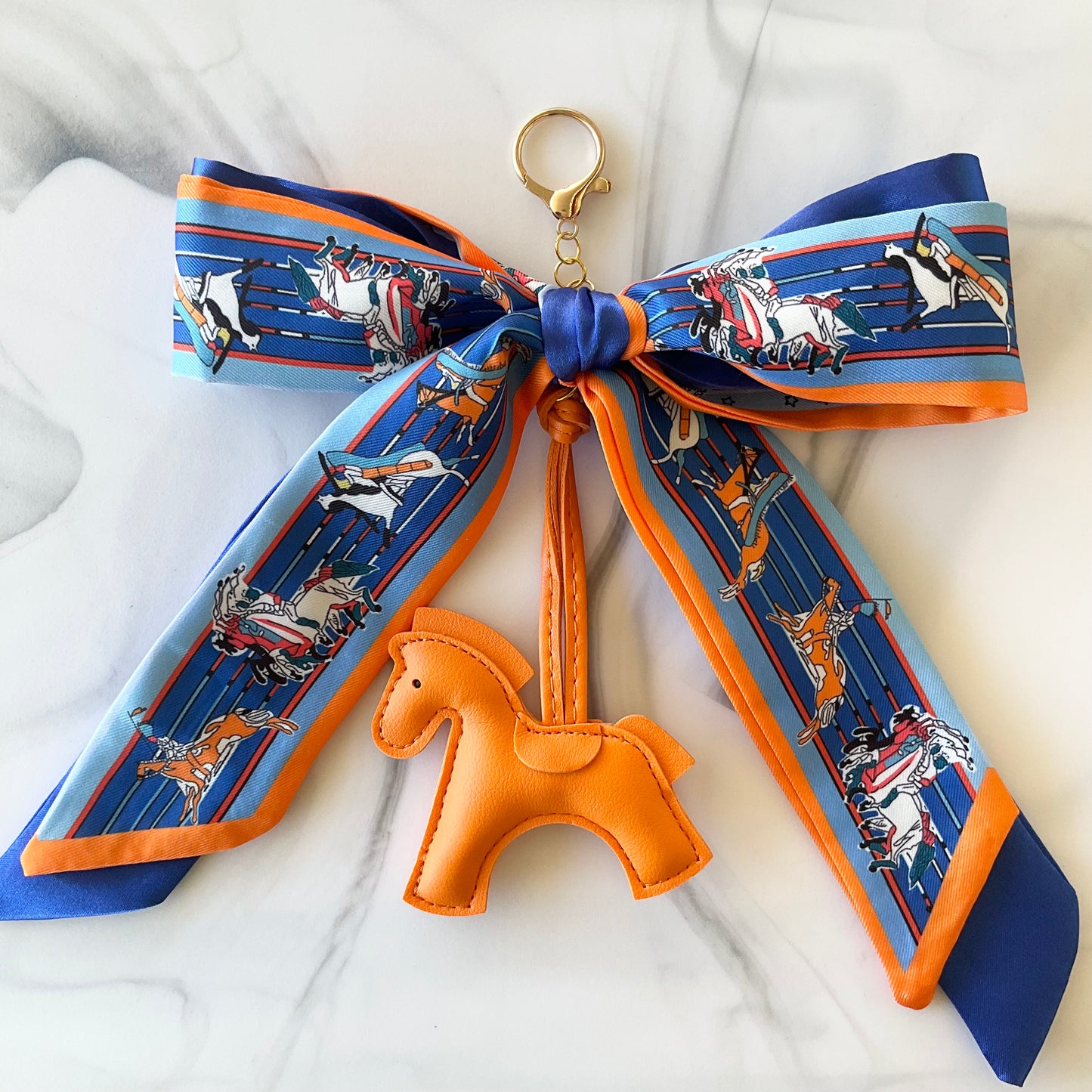 Royal Blue & Orange Faux Leather Pony Satin Bow Bag Charm