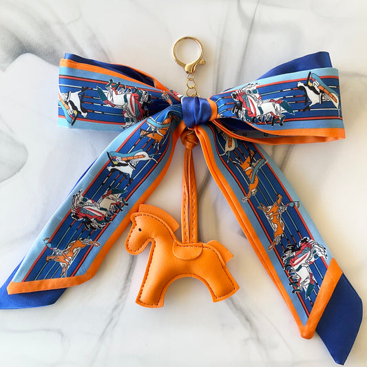 Royal Blue & Orange Faux Leather Pony Satin Bow Bag Charm