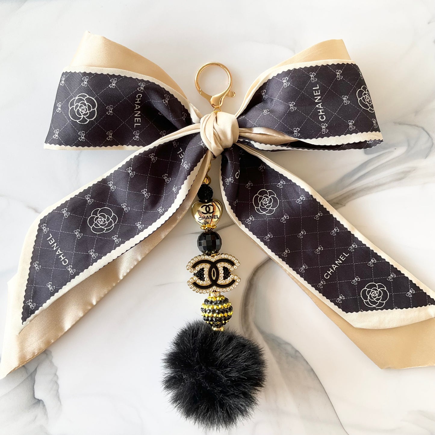 Cici  Black & Ivory Gold Tone Rhinestone Sparkle Large Bow Bag Charm