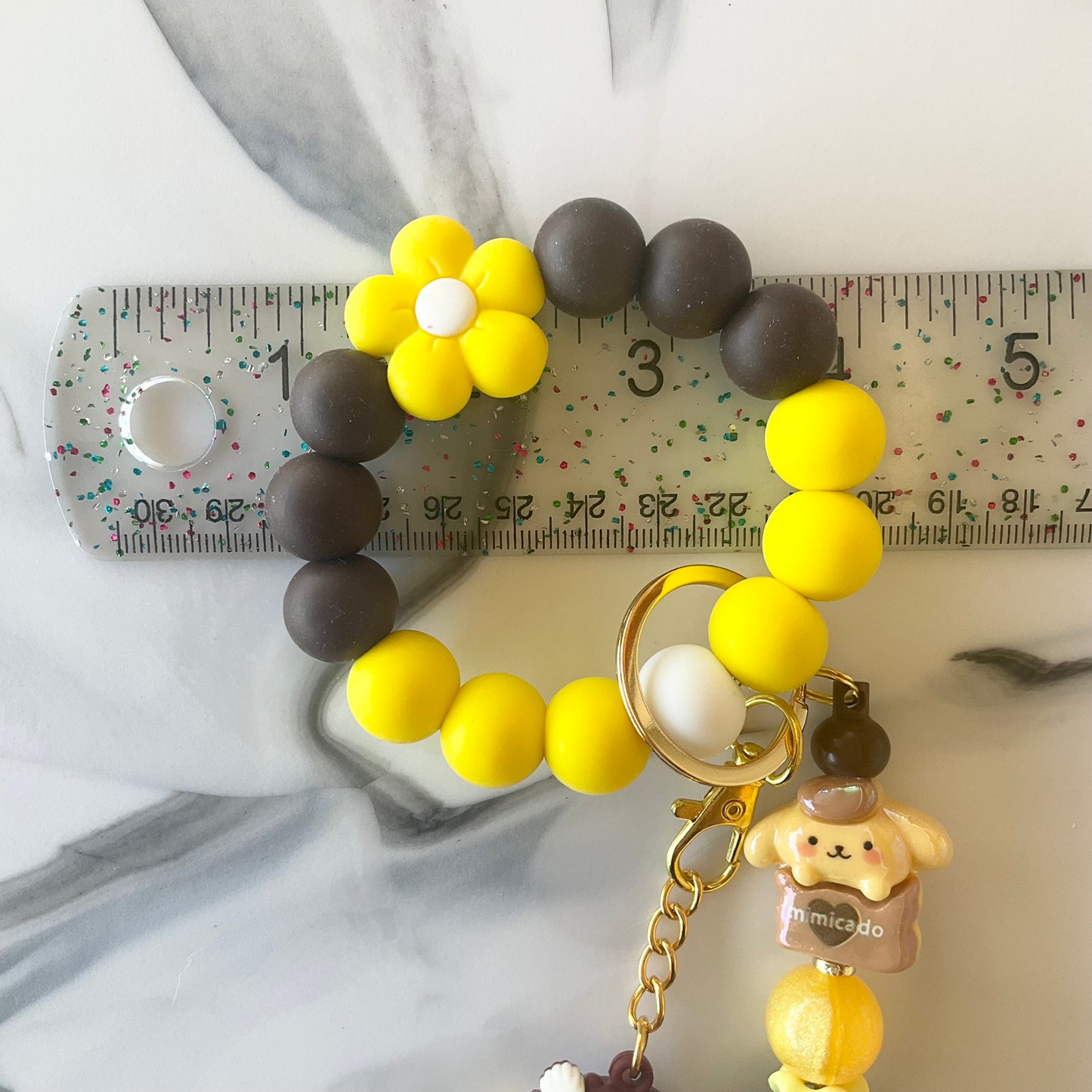Pom Pom Yellow Dog Brown & Yellow Silicone Wristlet Keychain Bag Charm Small