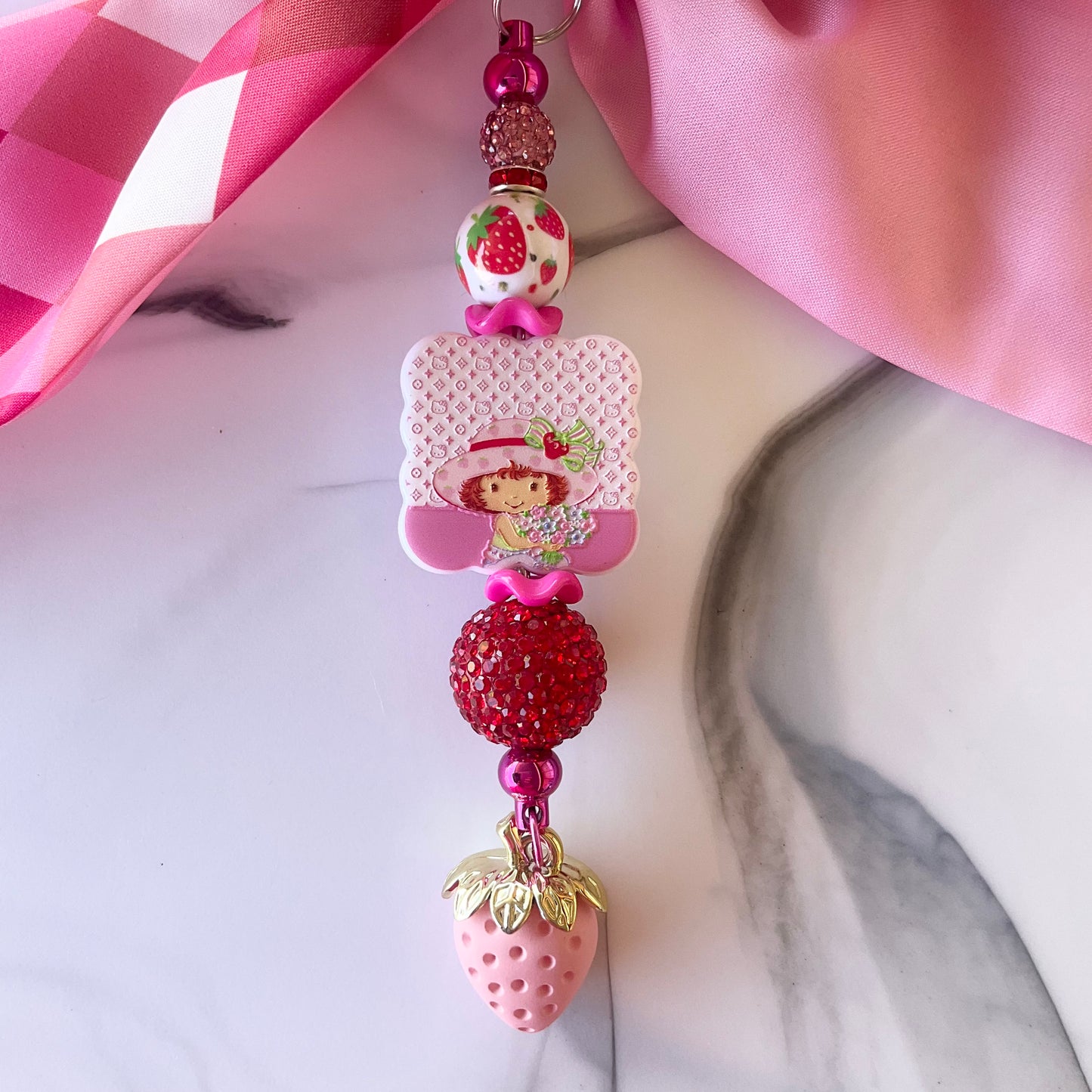 Strawberry Girl Pink Diamond Print Large Bow Bag Charm