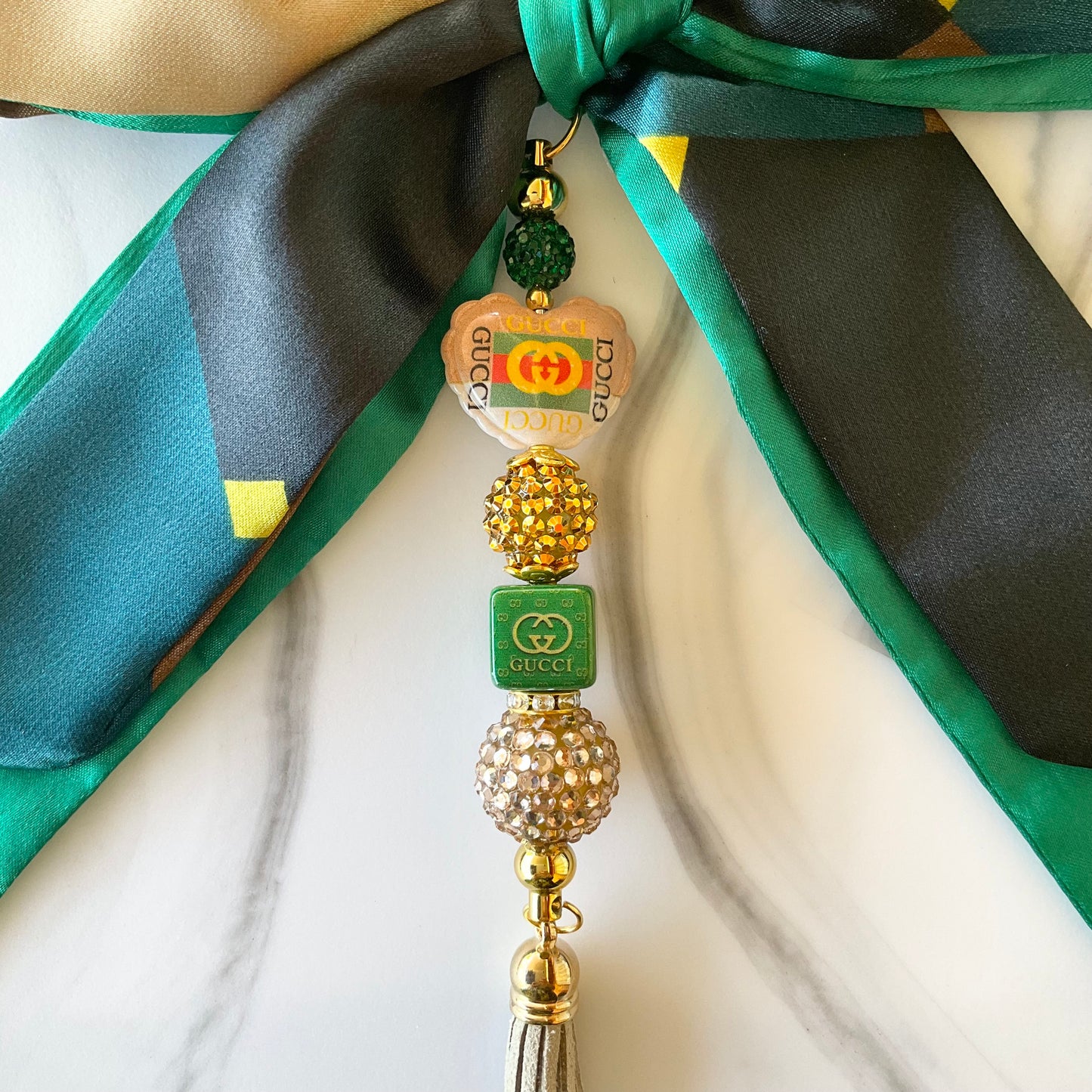 Gigi Emerald Green Print Double Satin Bow Bag Charm