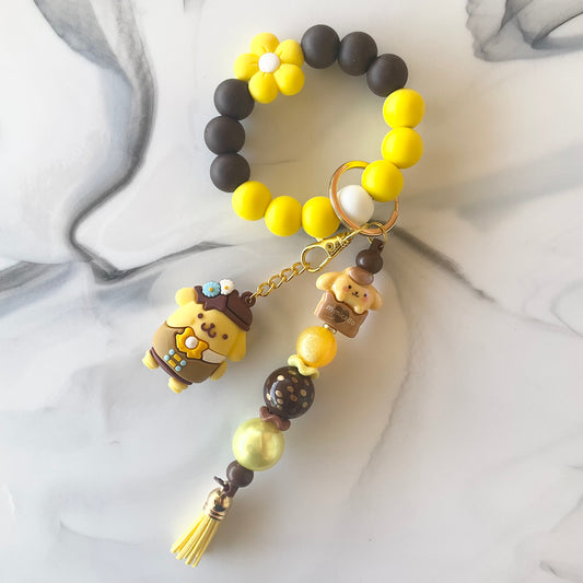 Pom Pom Yellow Dog Brown & Yellow Silicone Wristlet Keychain Bag Charm Small