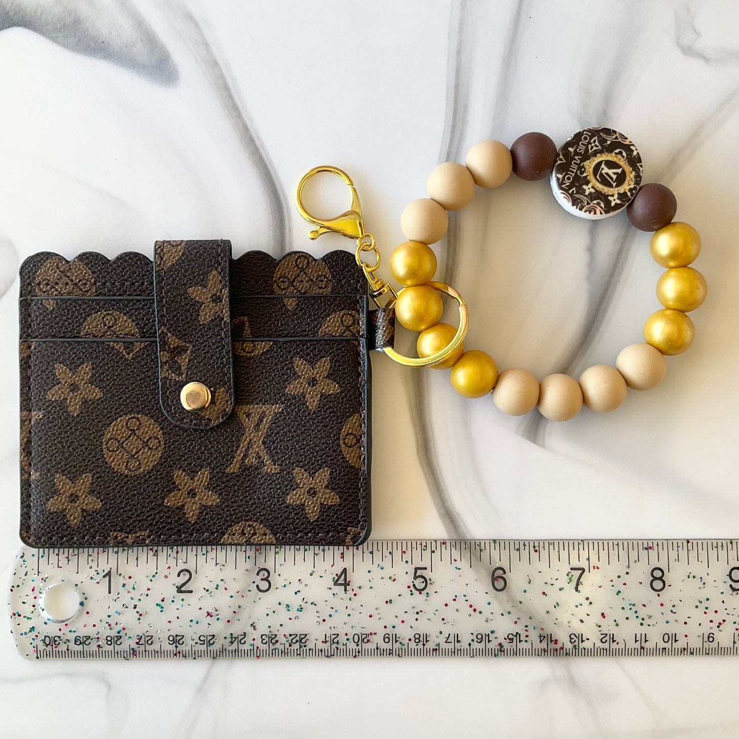 Luv Brown & Gold Silicone Wristlet ID Card Holder and Keychain Set