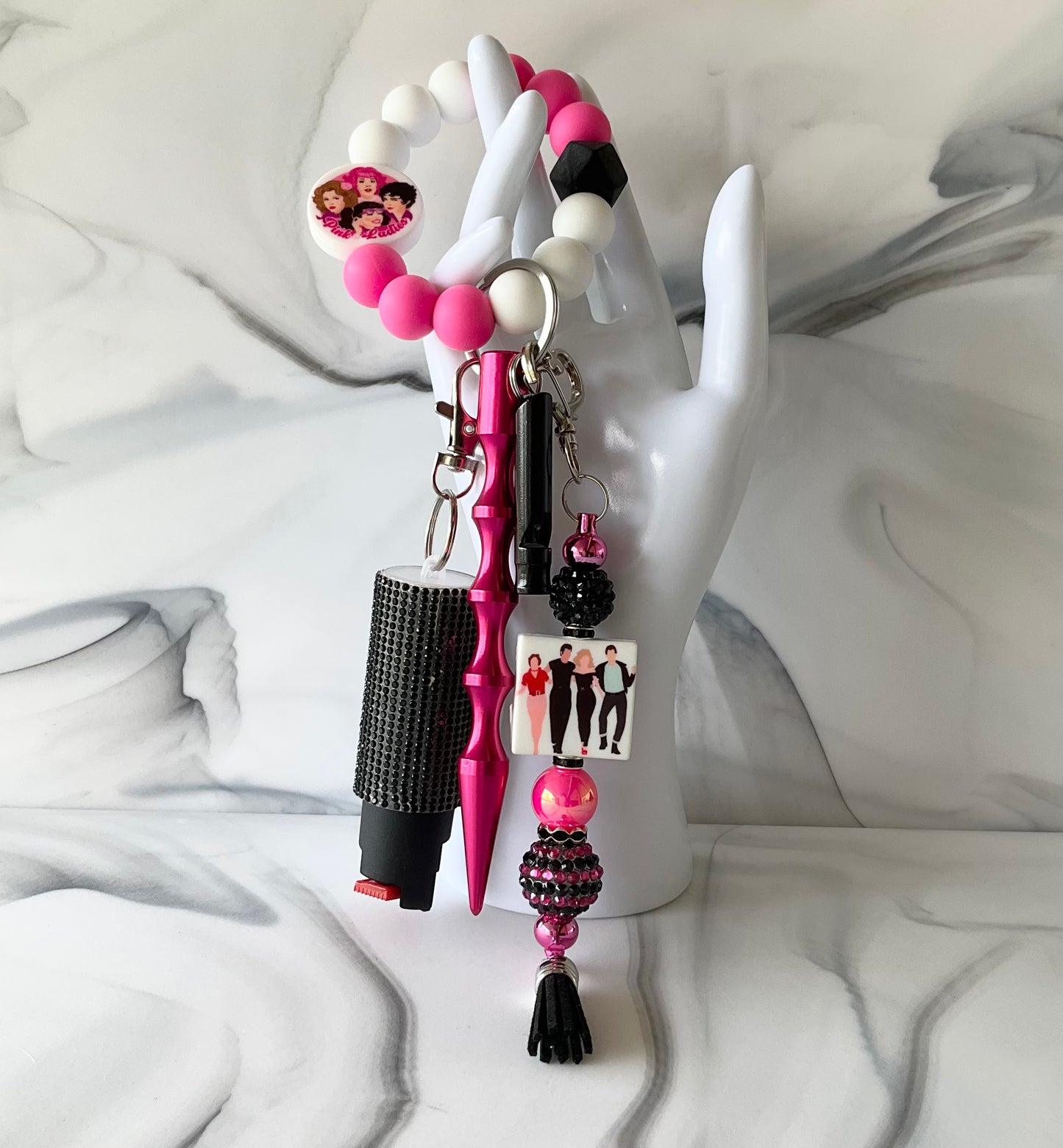 Grease Pink & Black Silicone Wristlet Self-Defense Keychain Set Large