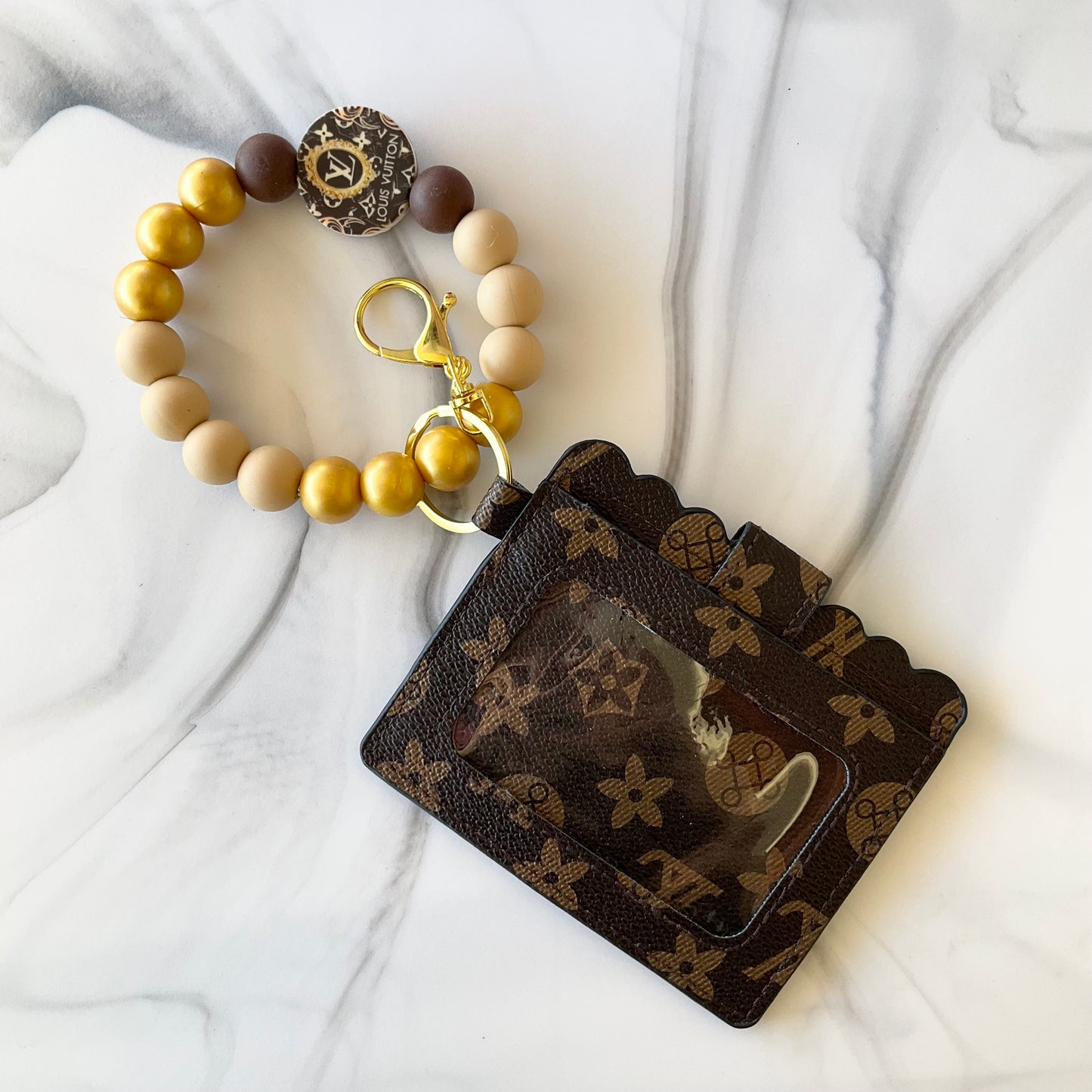 Luv Brown & Gold Silicone Wristlet ID Card Holder and Keychain Set