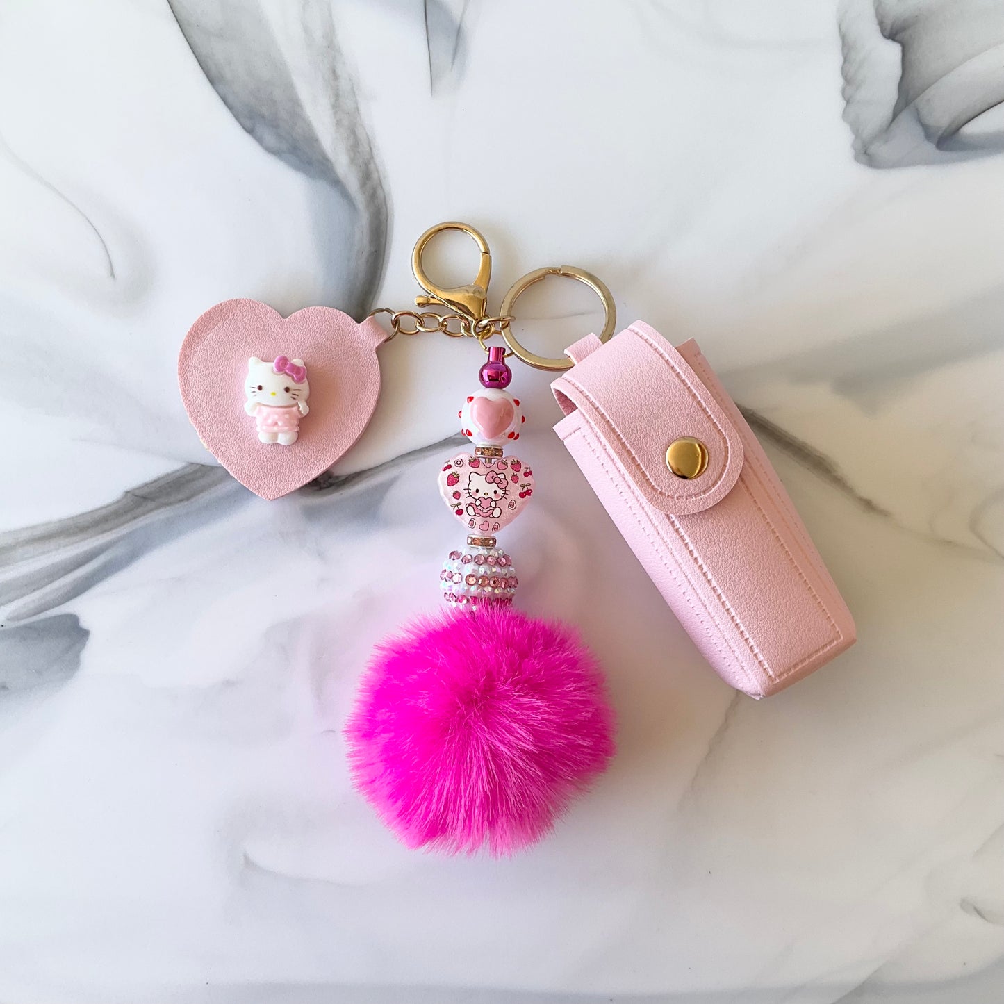 Cute Kitty Pink Lipstick Holder, Mirror, and Keychain