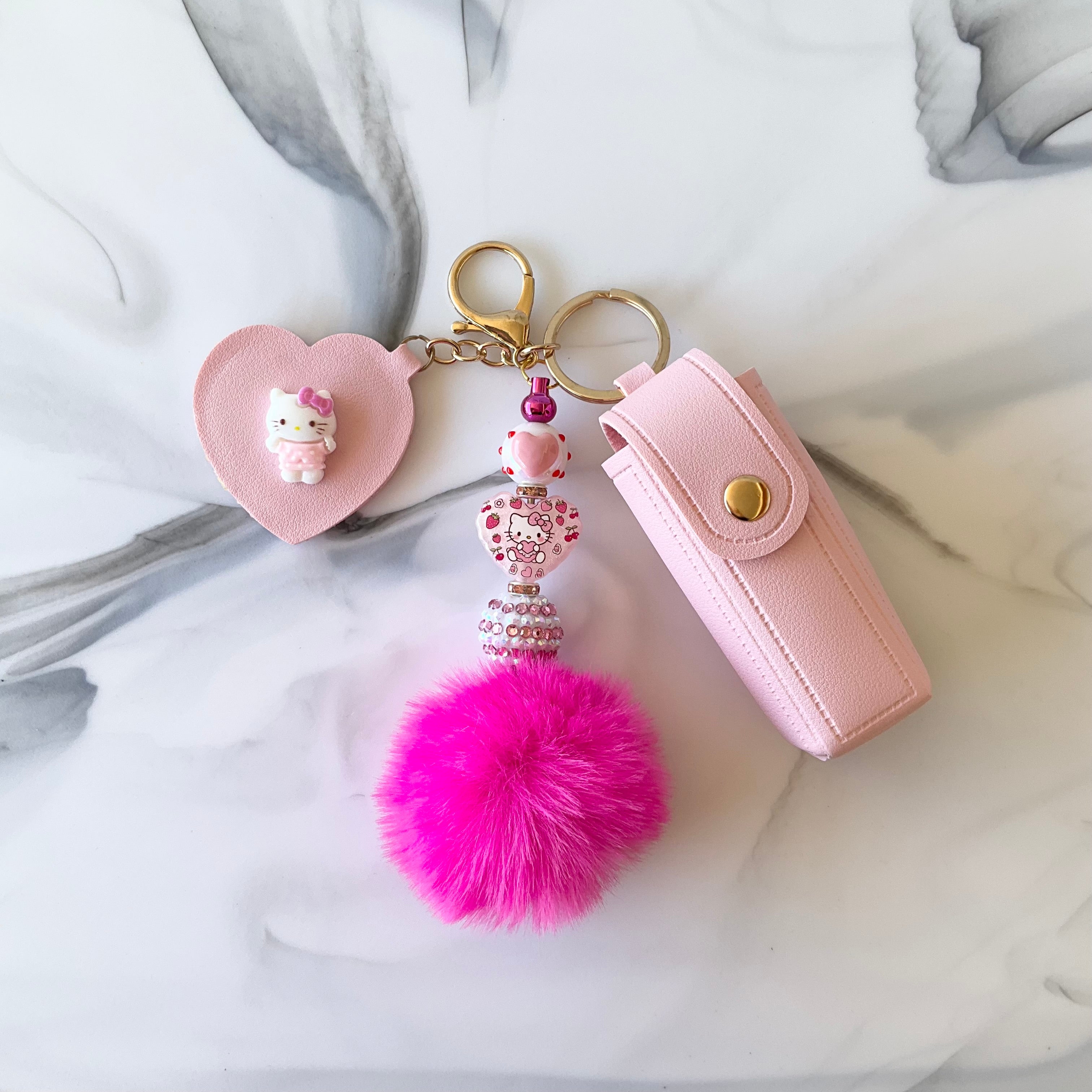 Cute Kitty Pink Lipstick Holder, Mirror, and Keychain