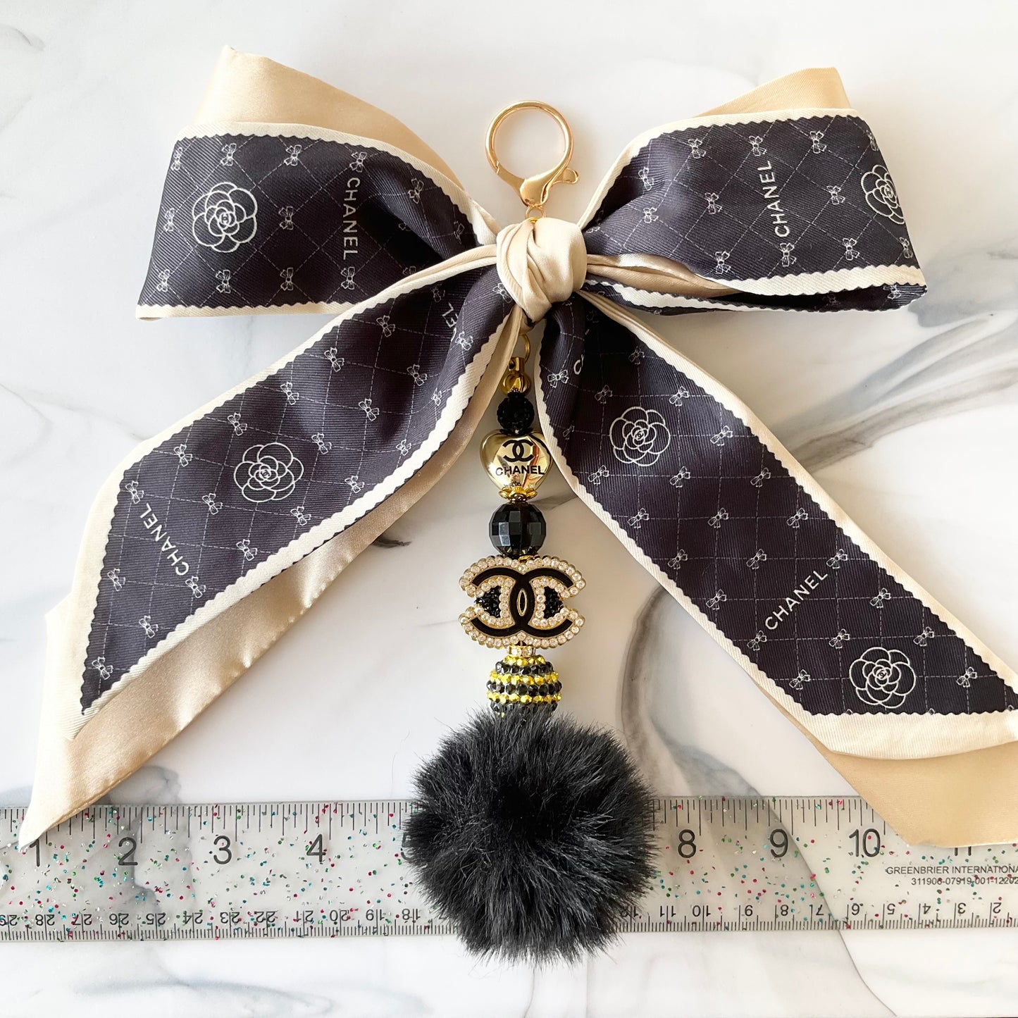Cici  Black & Ivory Gold Tone Rhinestone Sparkle Large Bow Bag Charm