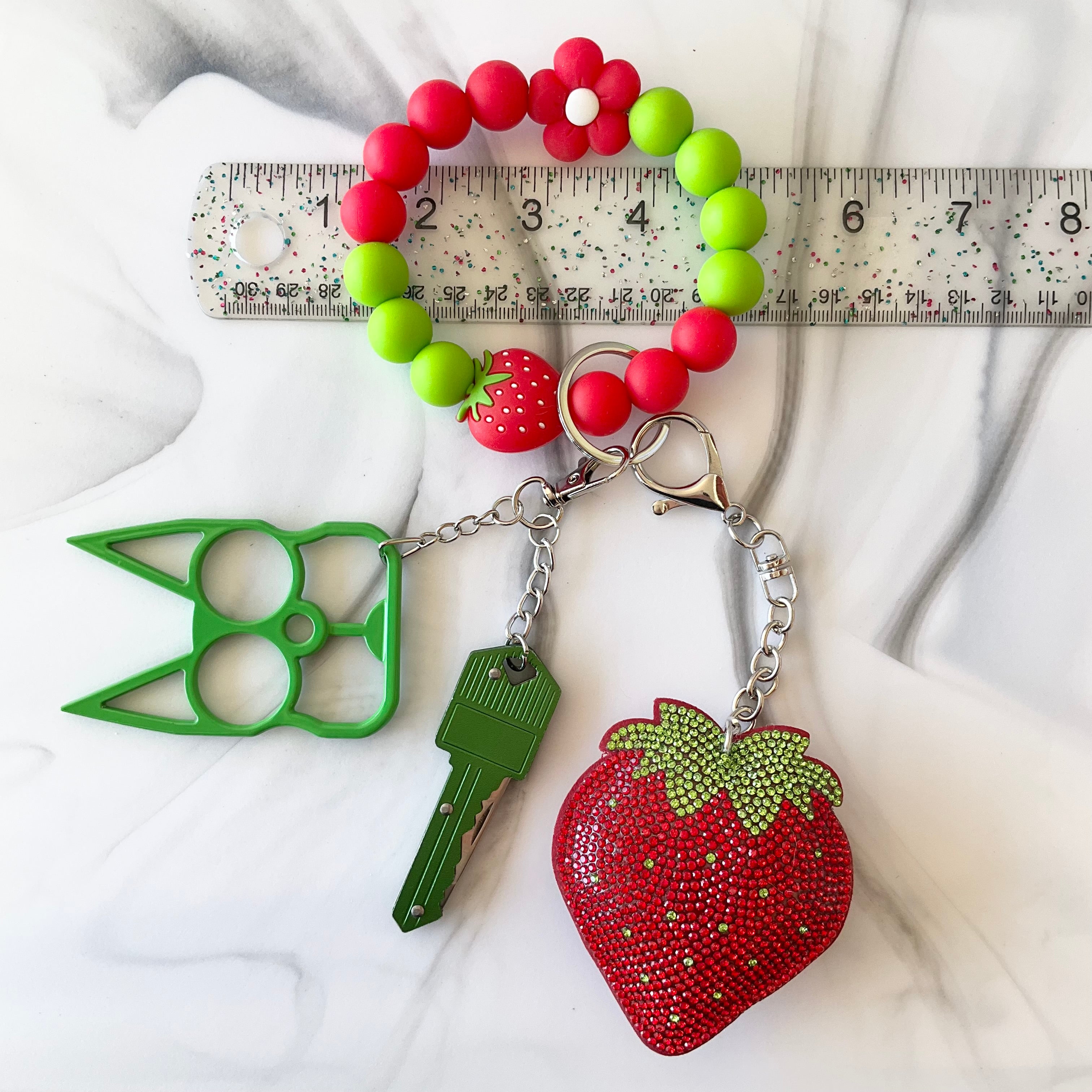 Strawberry Red & Green Silicone Wristlet Self- Defense Keychain Set Large