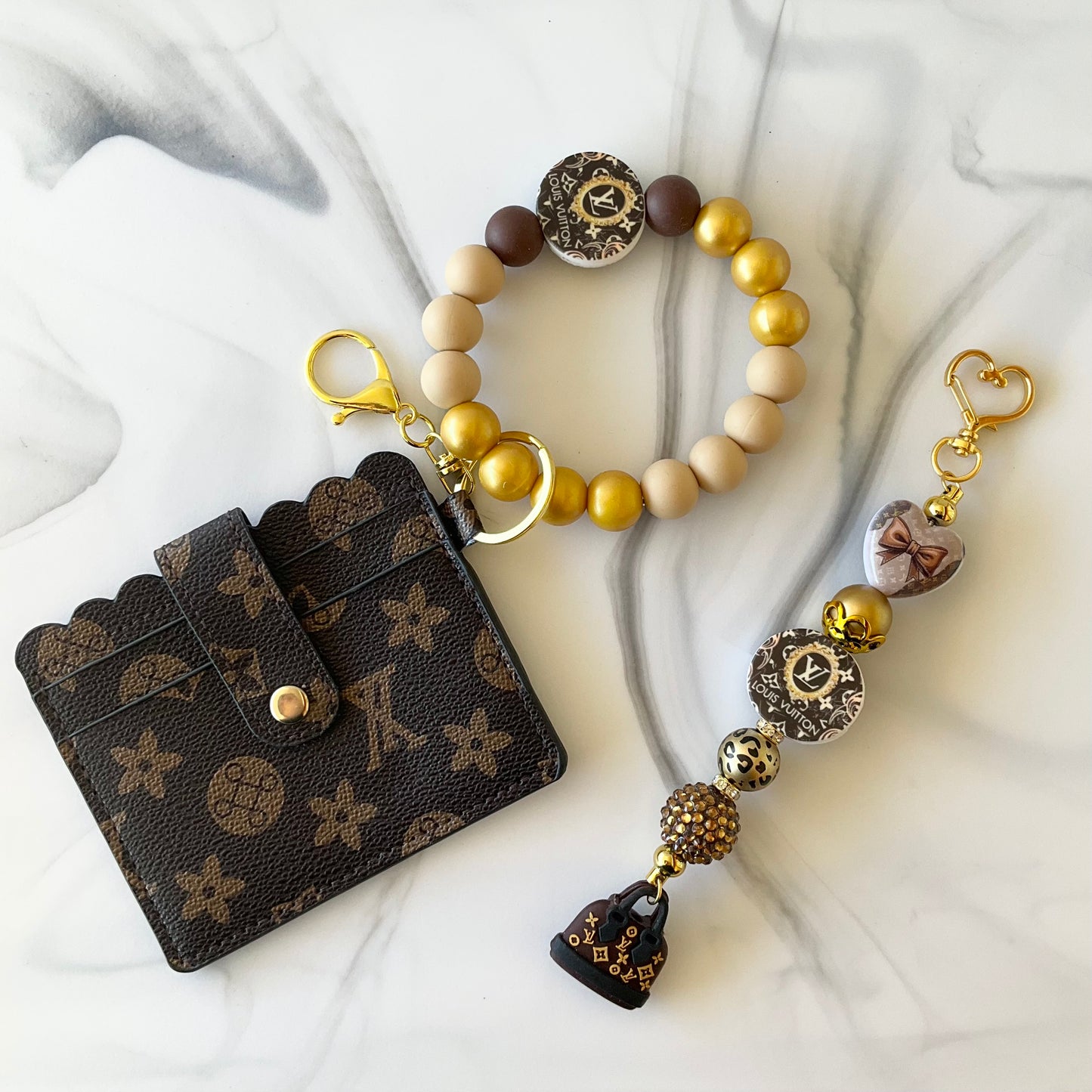 Luv Brown & Gold Silicone Wristlet ID Card Holder and Keychain Set