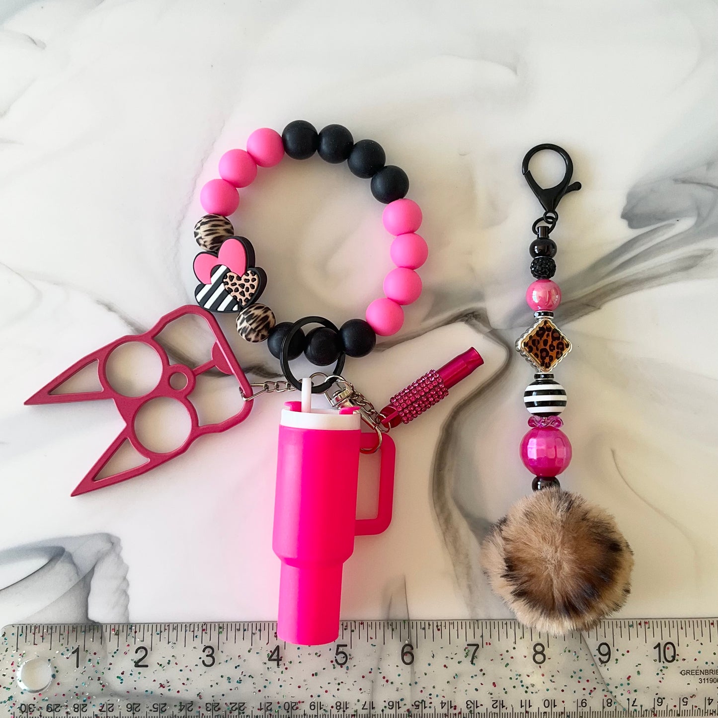 Hot Pink Leopard Print Silicone Wristlet Self Defense Keychain Set Large