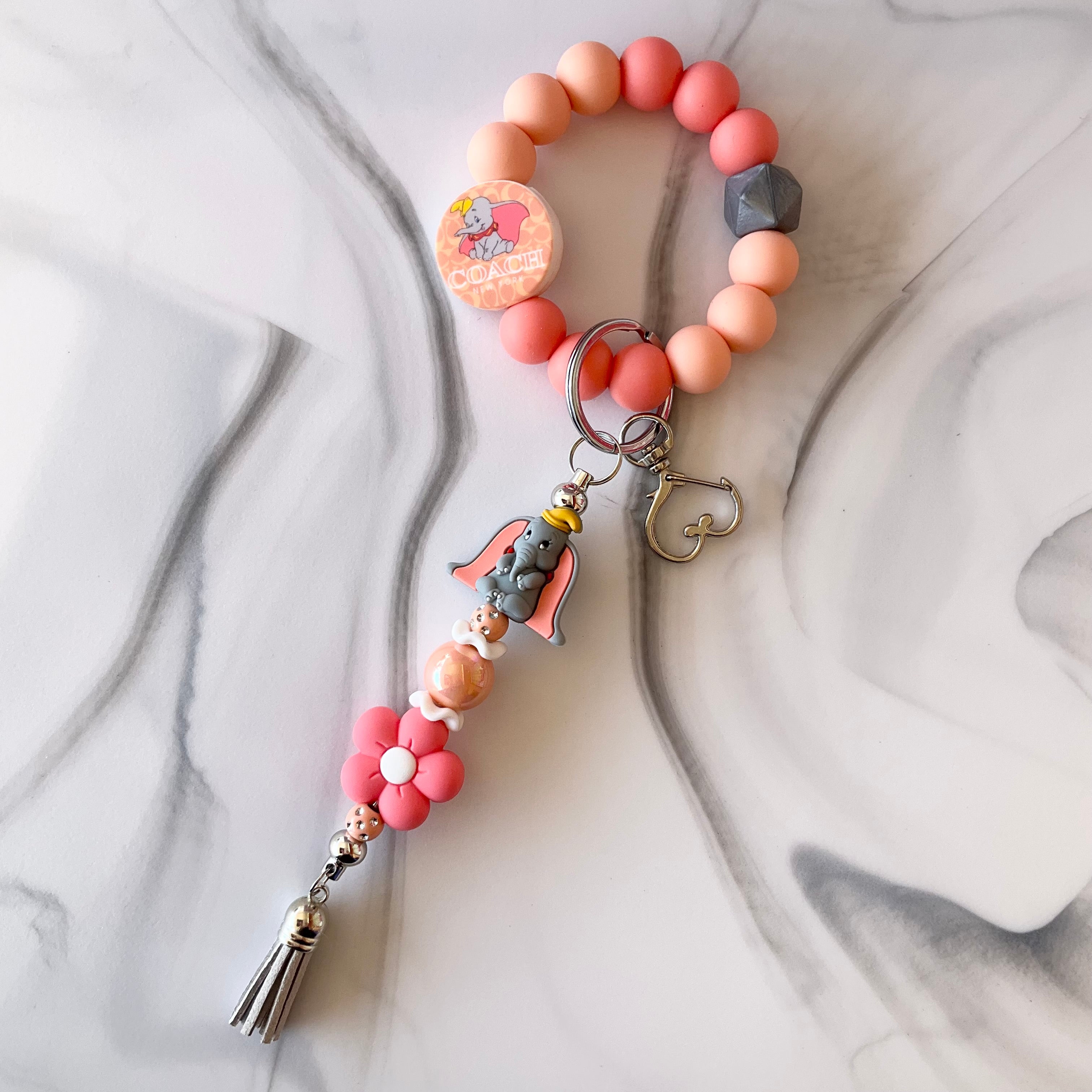 Flying Elephant Coral & Light Gray Silicone Wristlet and Keychain Small