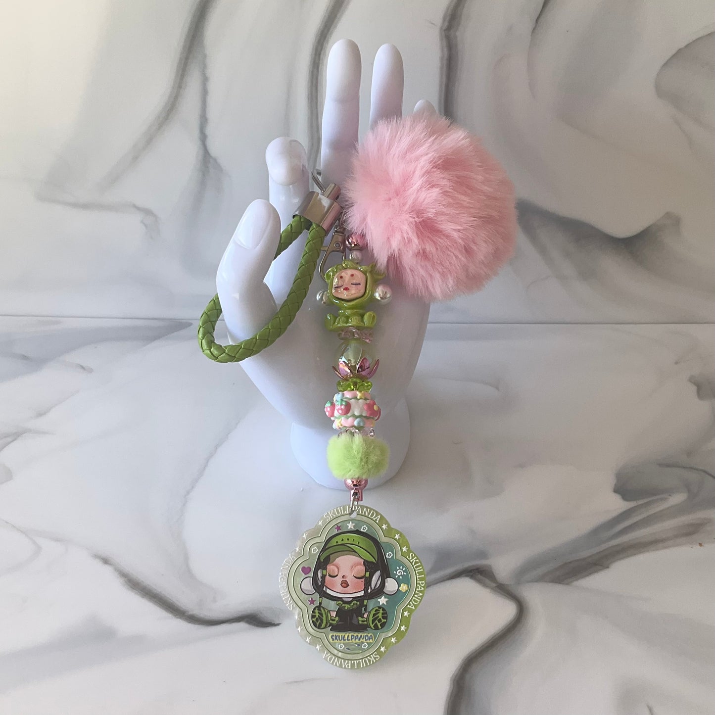 Skull Girl Light Pink and Green Faux Leather Keychain Wristlet