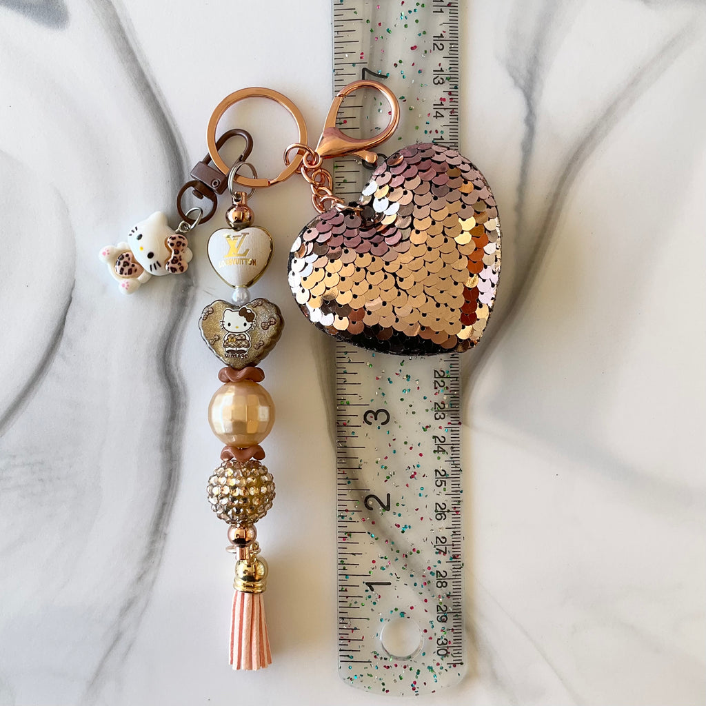 Luv Cute Kitty Rose Gold Sequin Heart Keychain Bag Charm