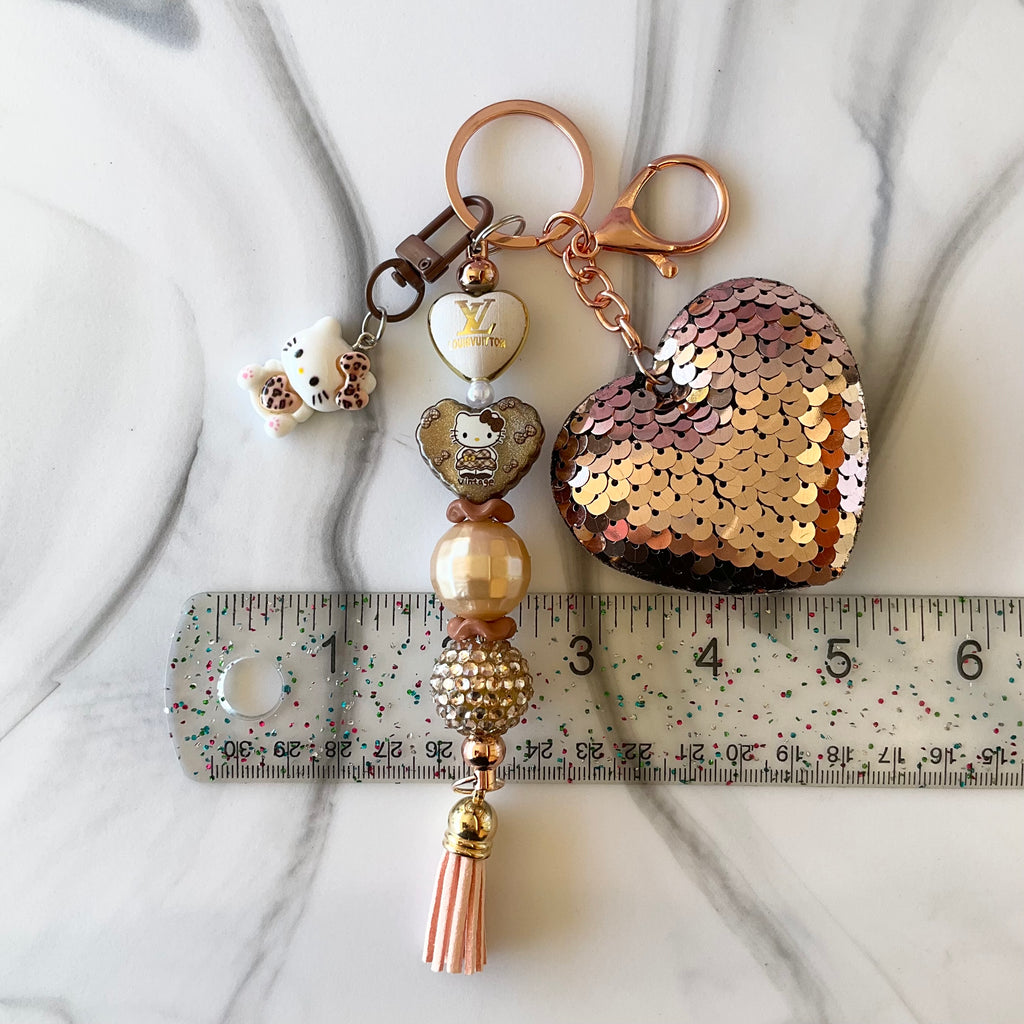 Luv Cute Kitty Rose Gold Sequin Heart Keychain Bag Charm