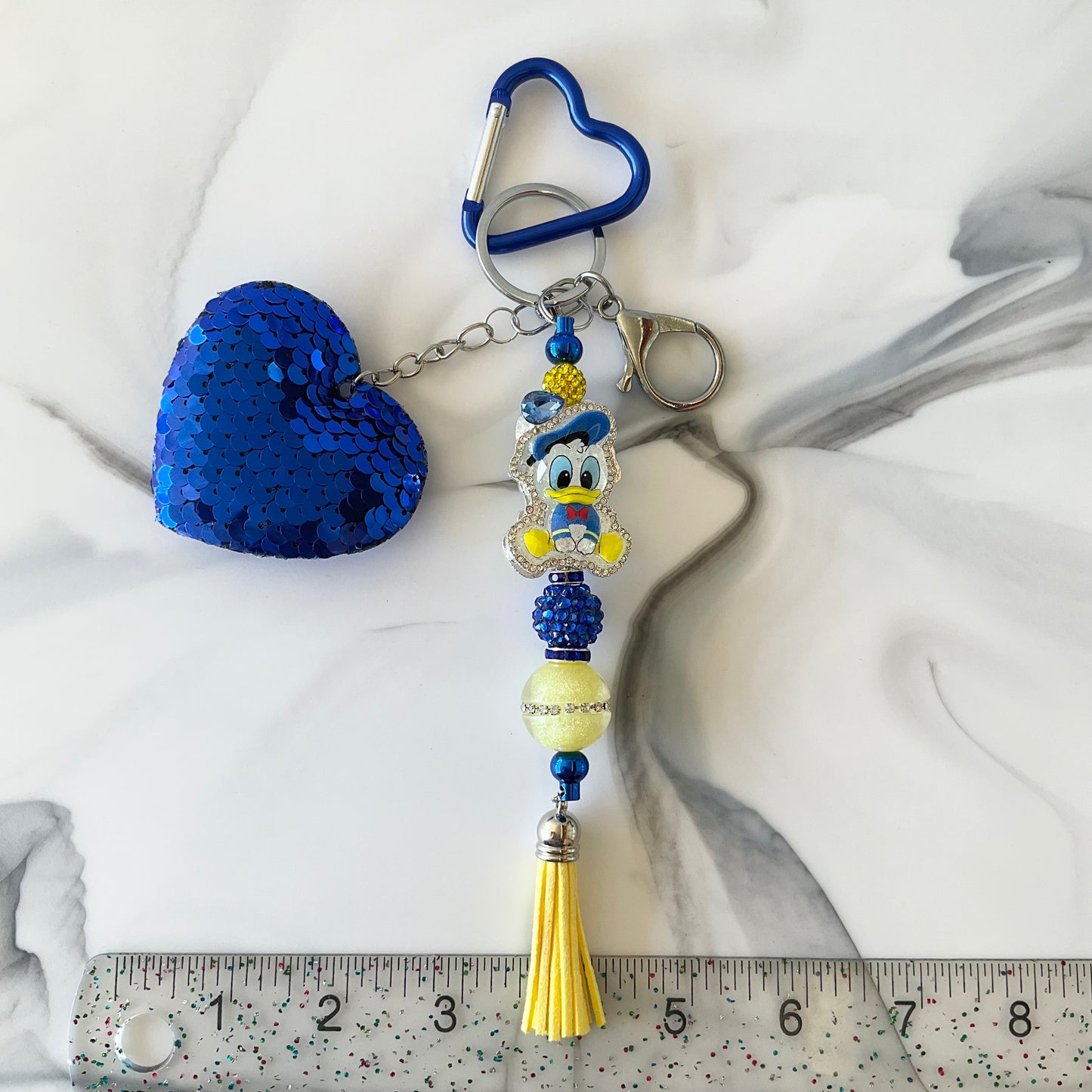 Boy Duck Royal Blue & Yellow Sequin Heart Keychain Bag Charm