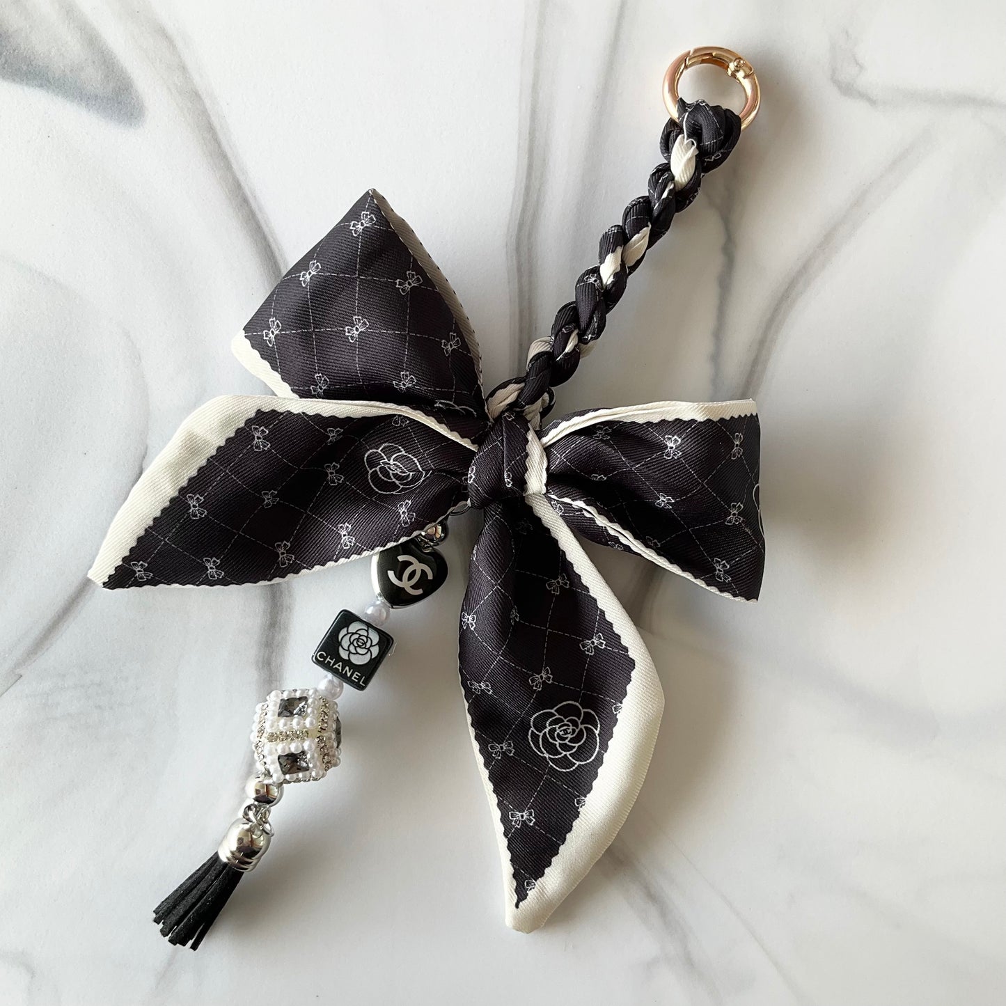 Cici Black & White Camellia Print Bow Bag Charm