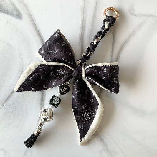 Cici Black & White Camellia Print Bow Bag Charm