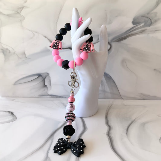 CiCi Pink & Black Silicone Wristlet & Keychain Large