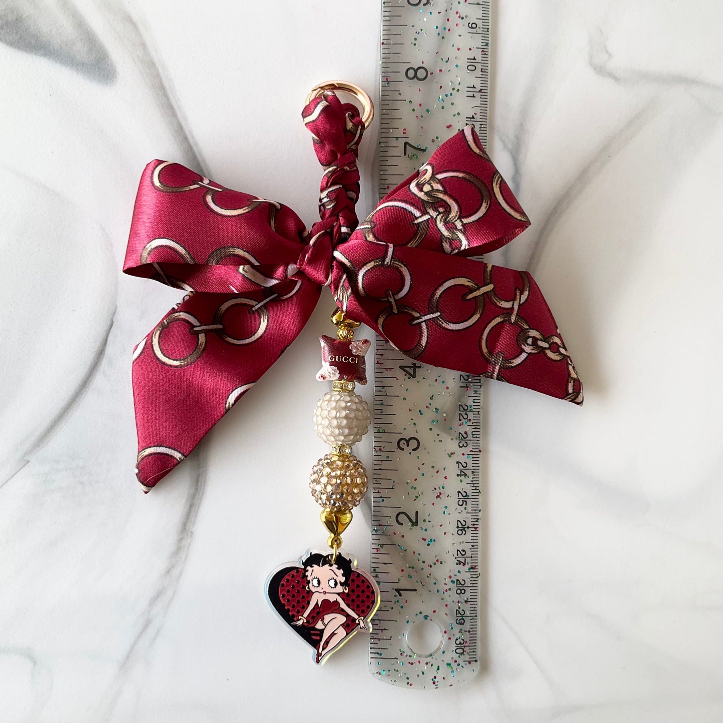 Gigi Betty Dark Red and Champagne Satin Bow Bag Charm