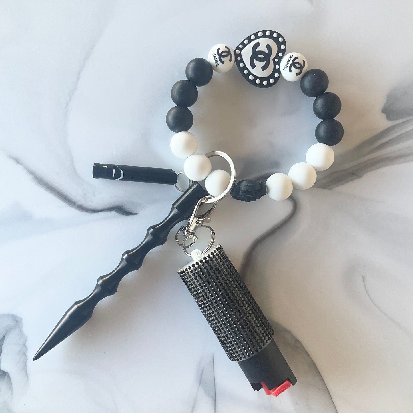 Cici Black & White Silicone Wristlet Self Defense Keychain Set Large