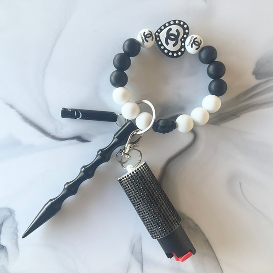 Cici Black & White Silicone Wristlet Self Defense Keychain Set Large