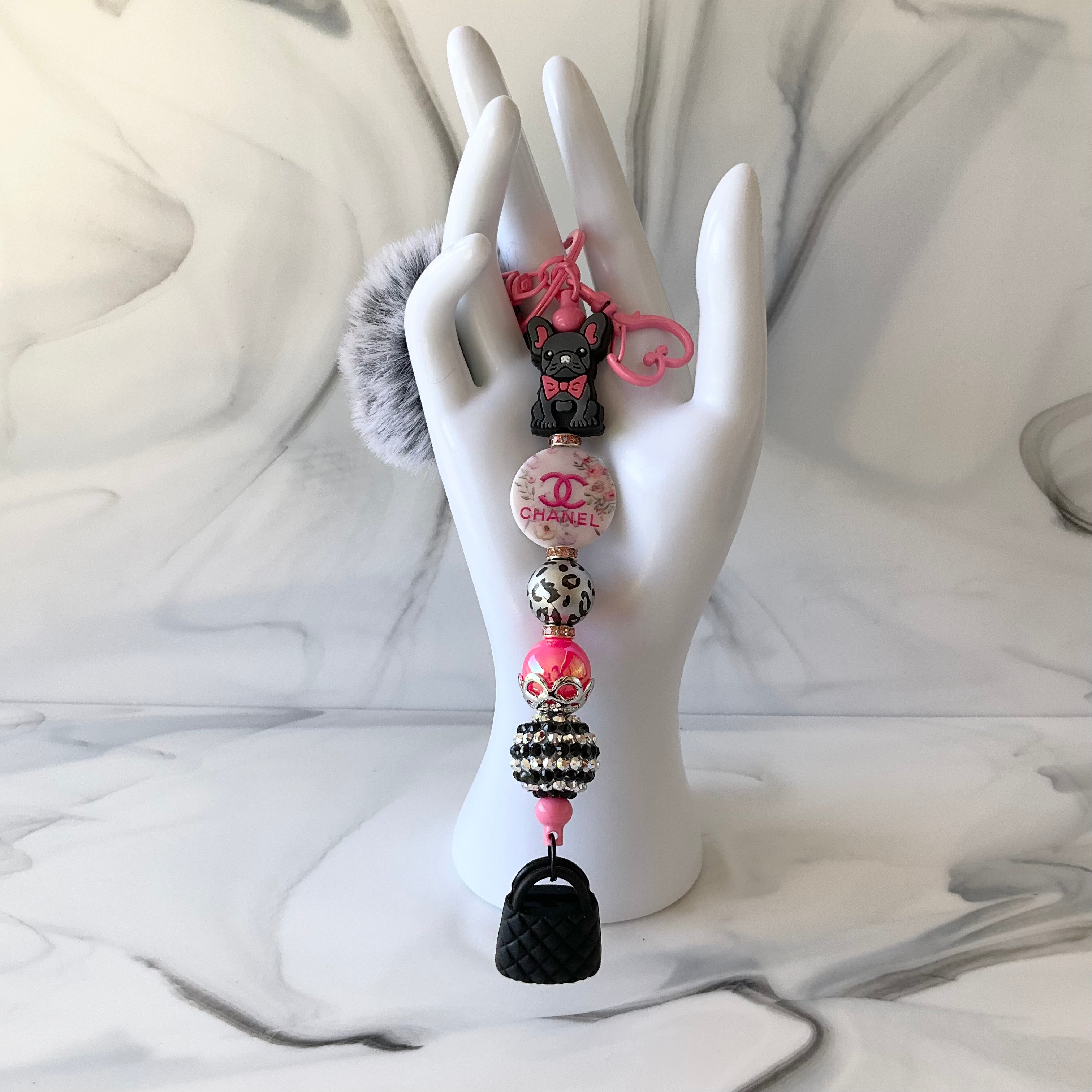 Cici Bougie Gray Frenchie Dog Pink & Black Keychain