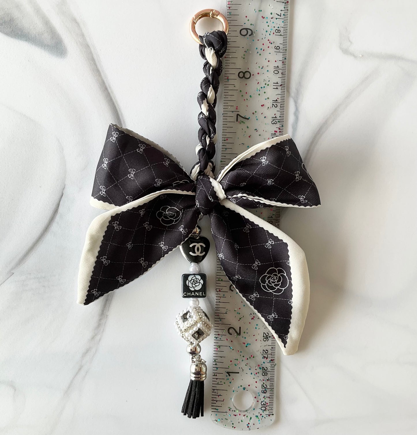 Cici Black & White Camellia Print Bow Bag Charm