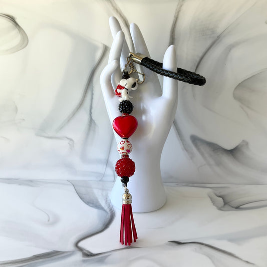 Black & White Beagle Cute Dog Red Hearts Keychain Wristlet