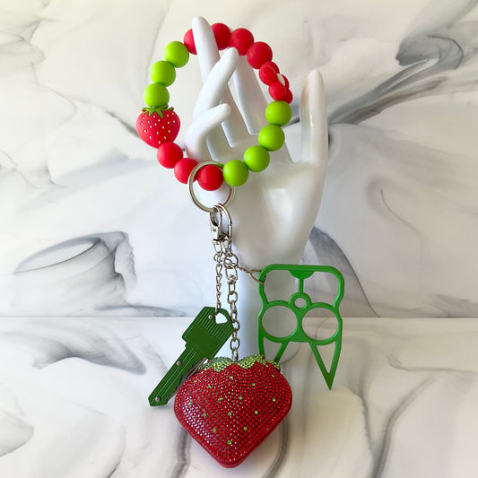 Strawberry Red & Green Silicone Wristlet Self- Defense Keychain Set Large