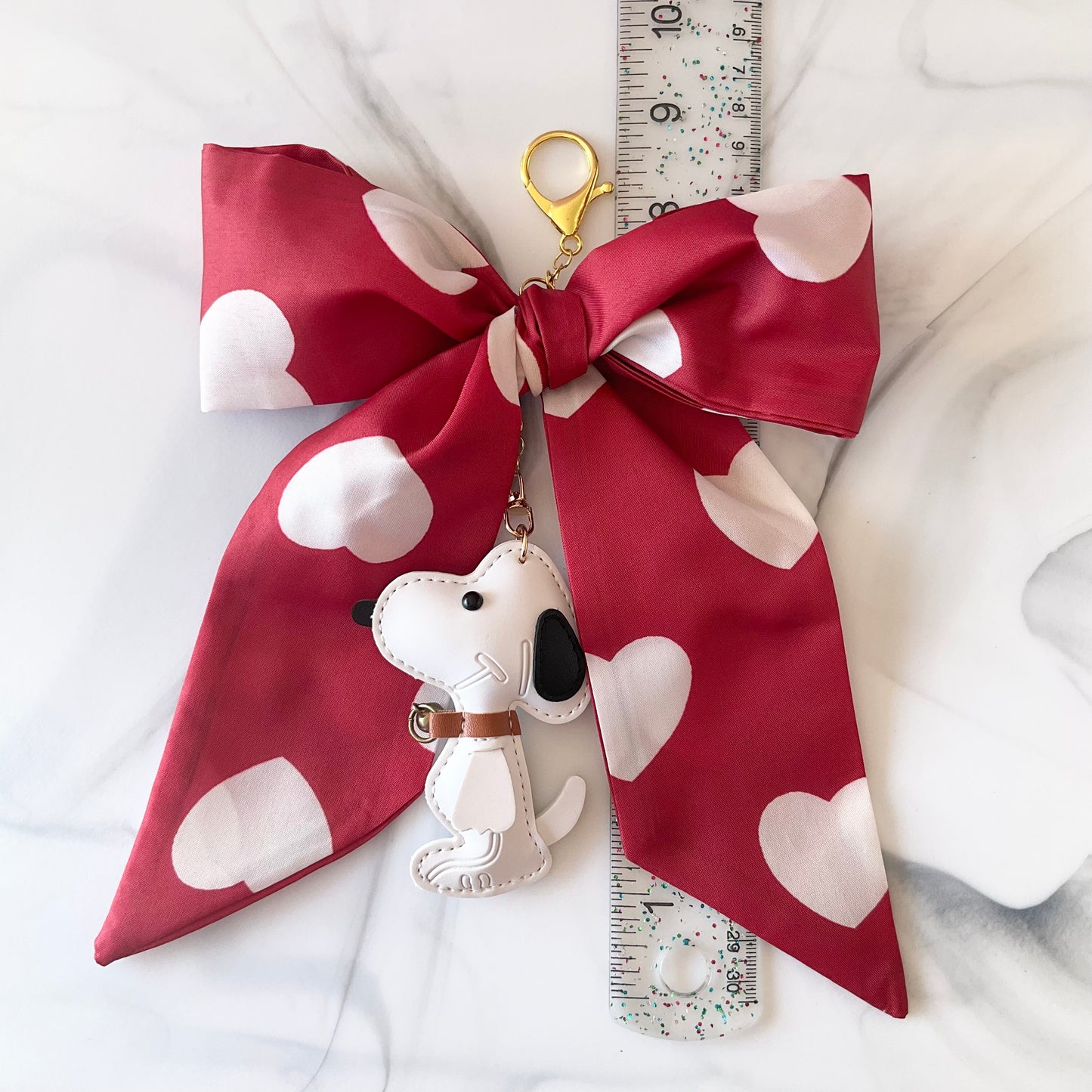 Cute White Beagle Red Heart Print Large Bow Bag Charm