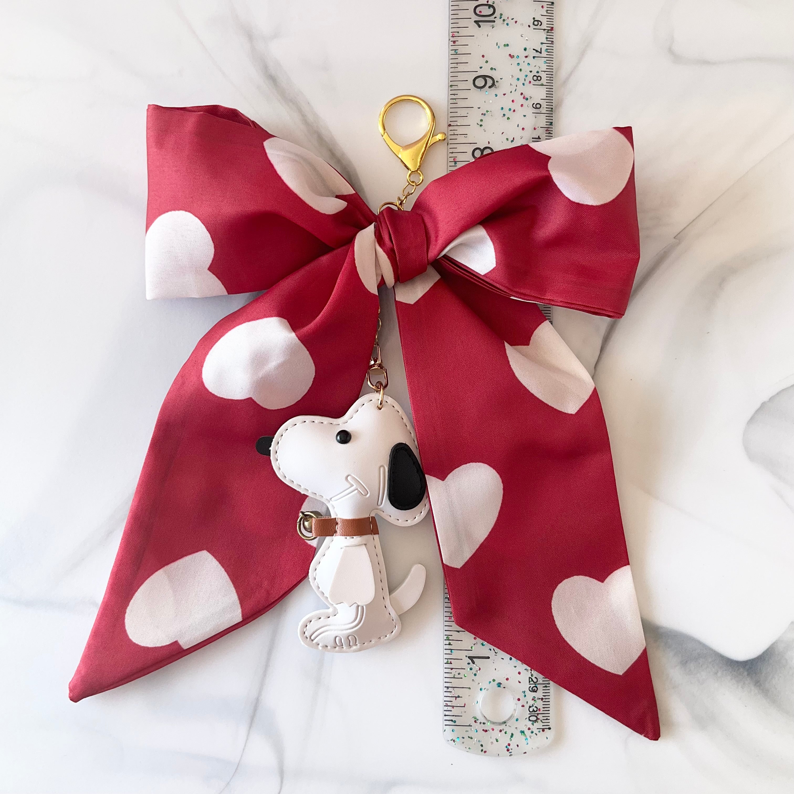 Cute White Beagle Red Heart Print Large Bow Bag Charm