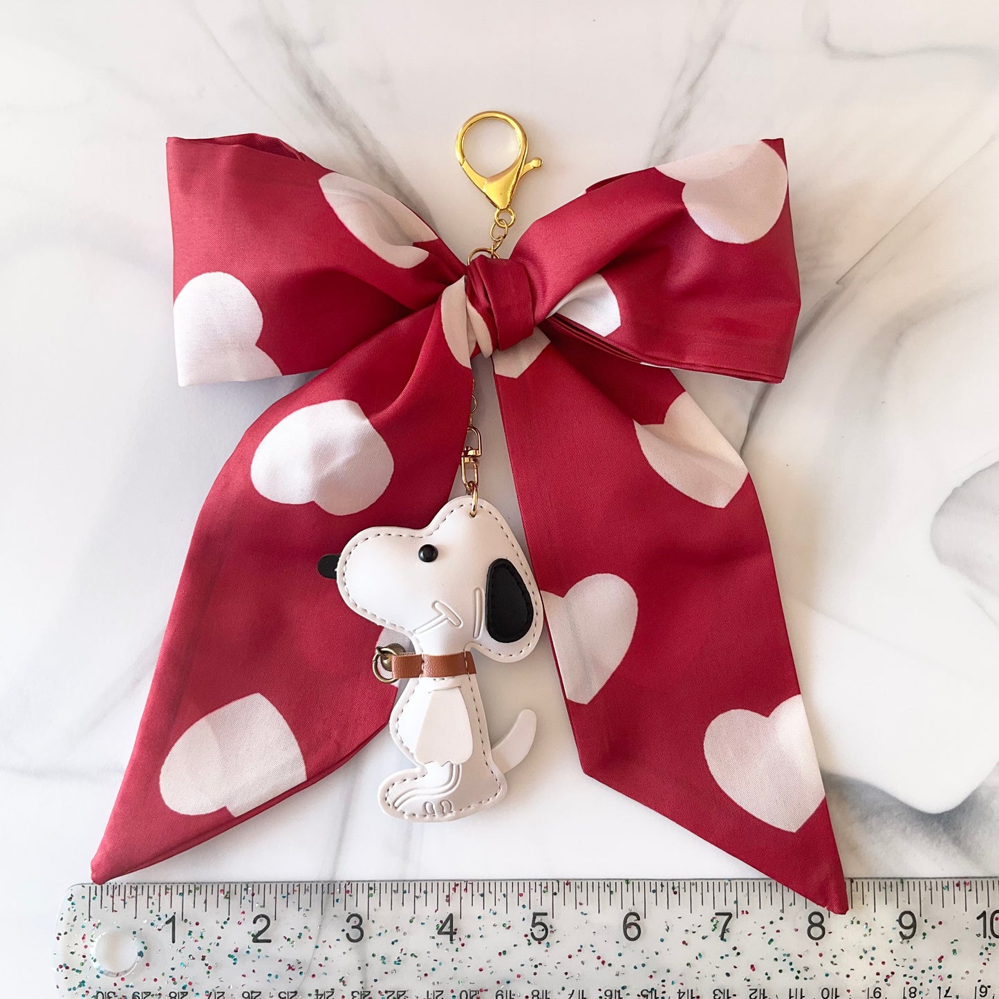 Cute White Beagle Red Heart Print Large Bow Bag Charm