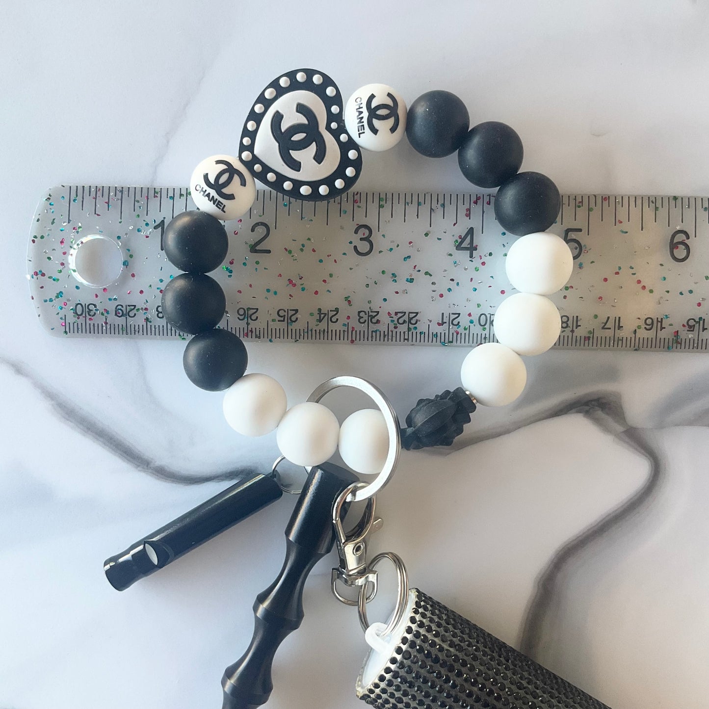 Cici Black & White Silicone Wristlet Self Defense Keychain Set Large