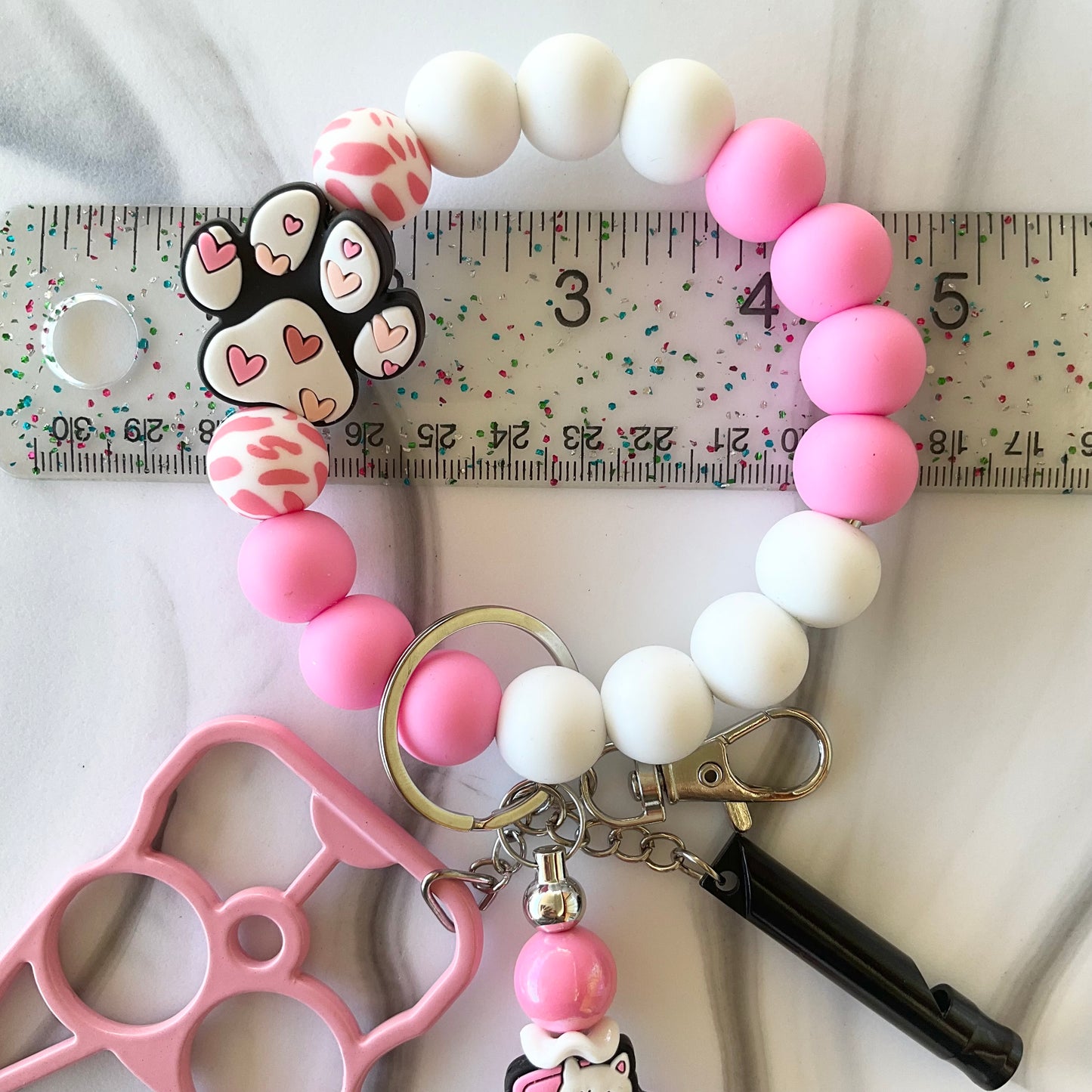 Funny Cat Pink & White Silicone Self-Defense Wristlet Keychain Set Large