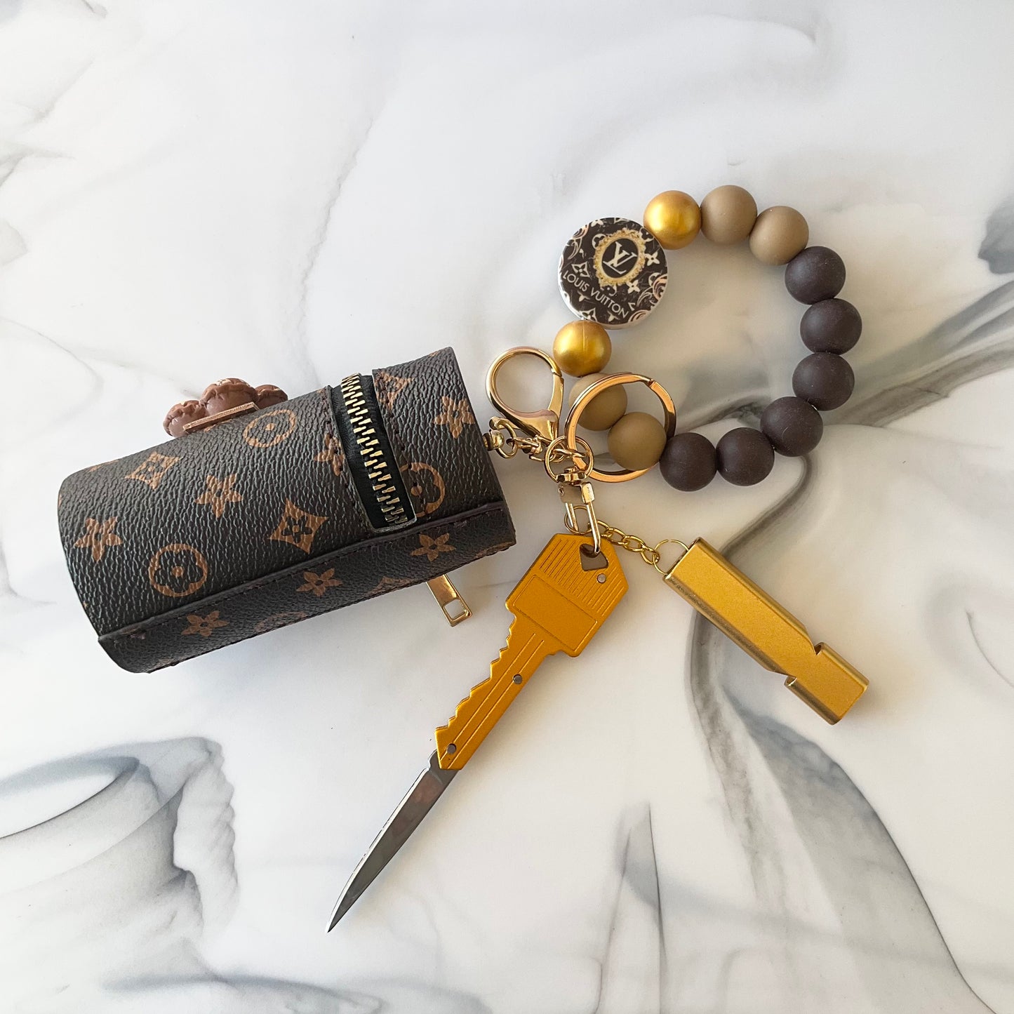 Luv Brown and Gold Silicone Wristlet Self-Defense Keychain Set Large