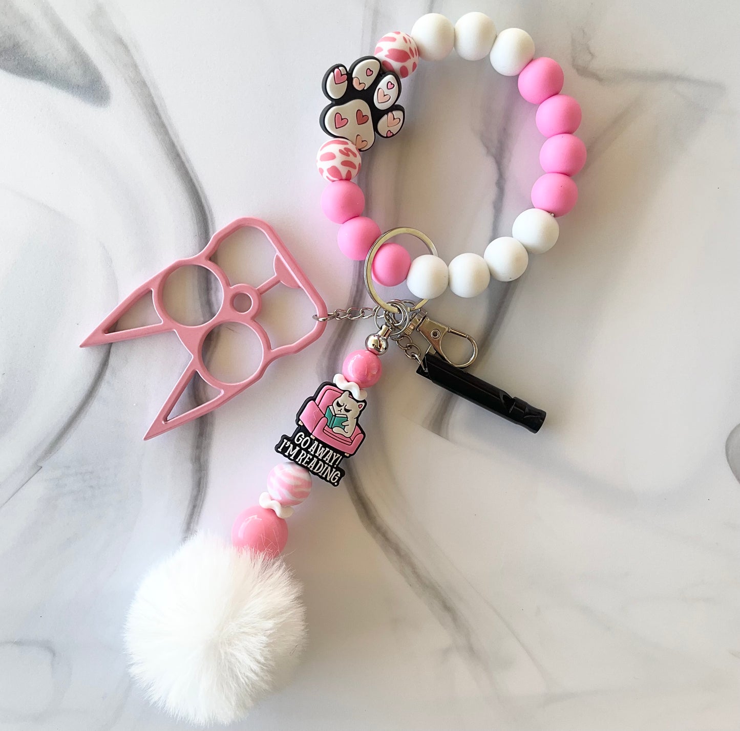 Funny Cat Pink & White Silicone Self-Defense Wristlet Keychain Set Large