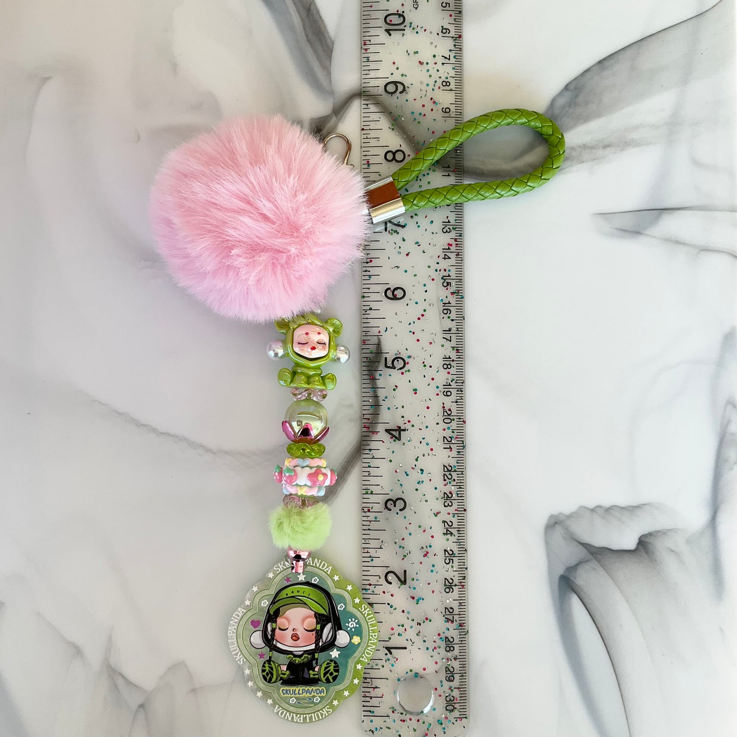Skull Girl Light Pink and Green Faux Leather Keychain Wristlet