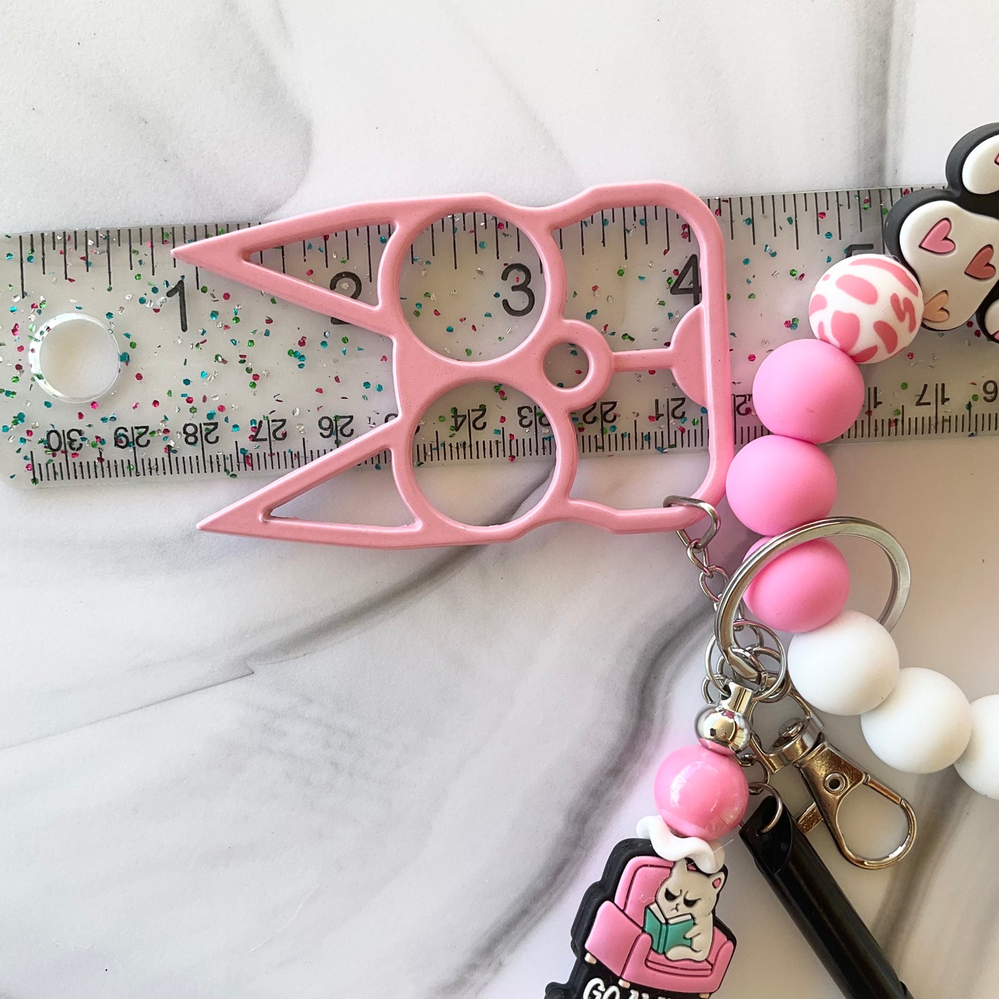 Funny Cat Pink & White Silicone Self-Defense Wristlet Keychain Set Large