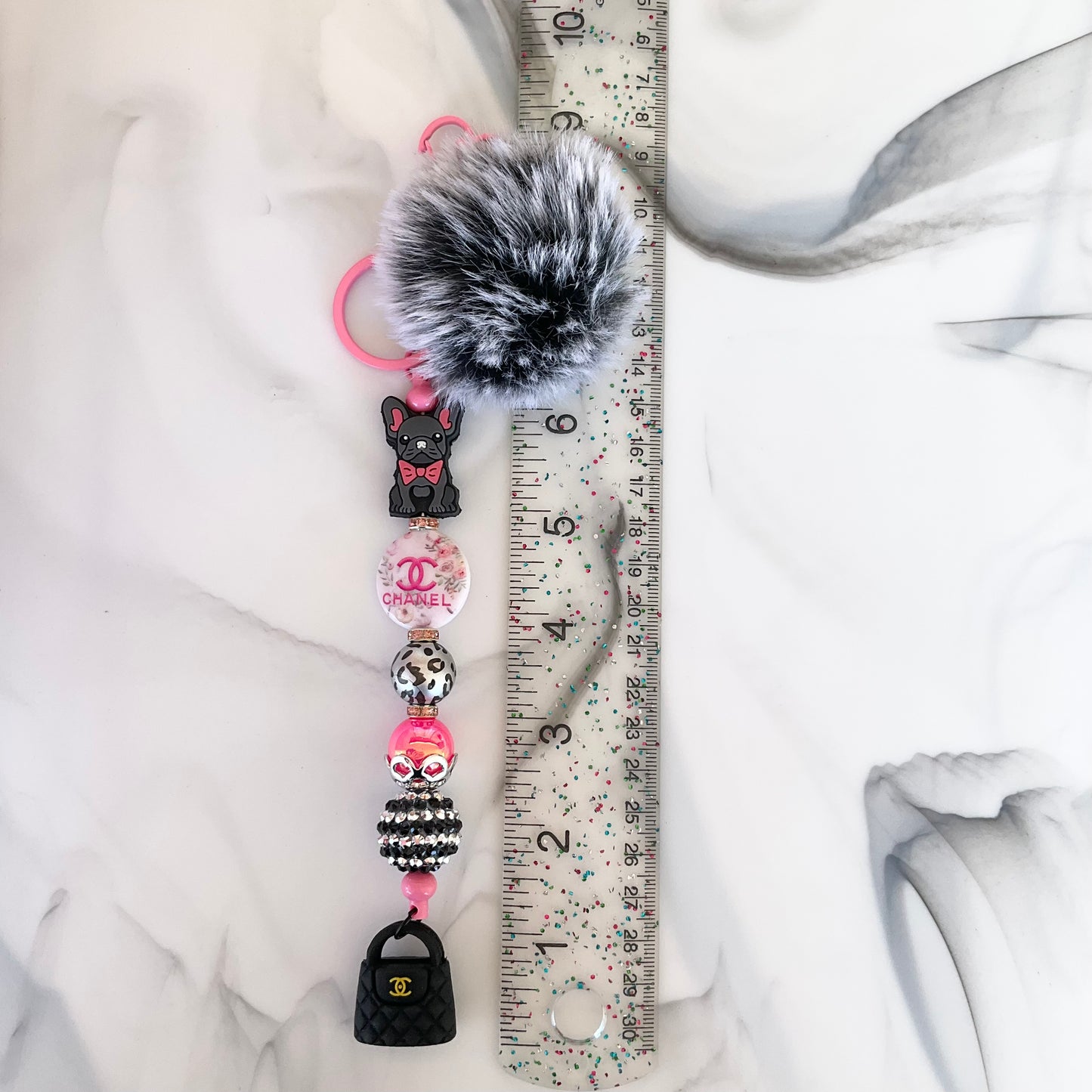 Cici Bougie Gray Frenchie Dog Pink & Black Keychain