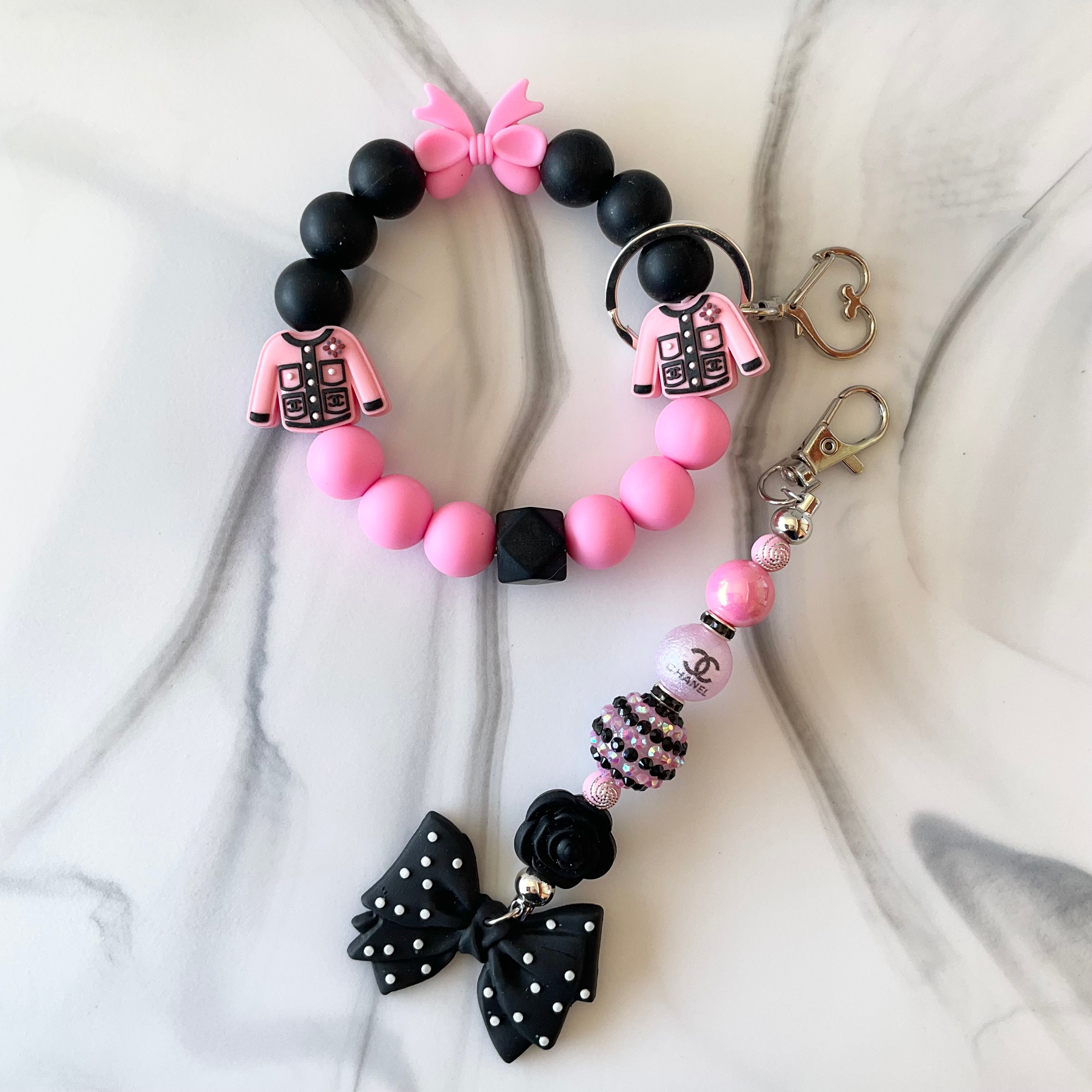 CiCi Pink & Black Silicone Wristlet & Keychain Large