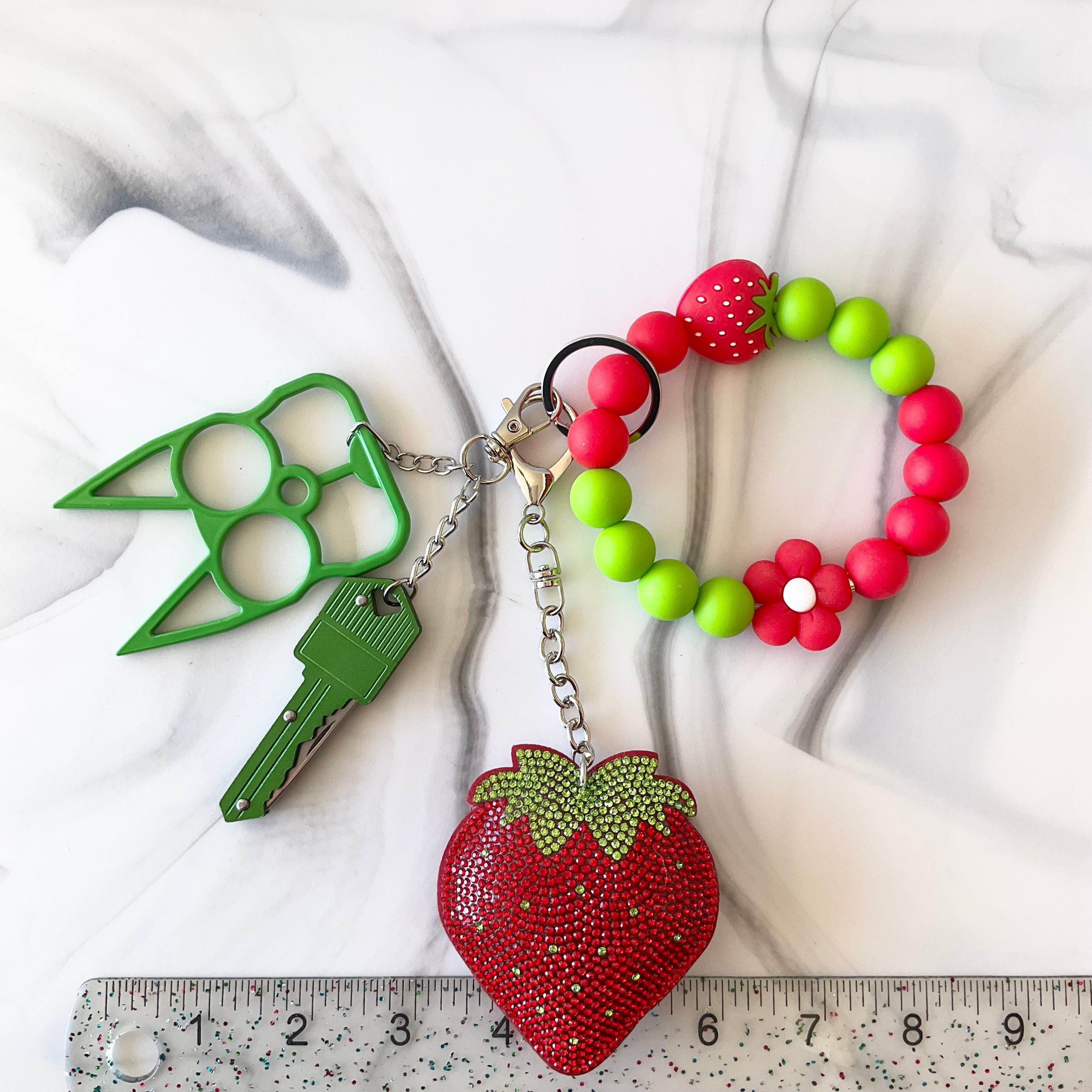 Strawberry Red & Green Silicone Wristlet Self- Defense Keychain Set Large