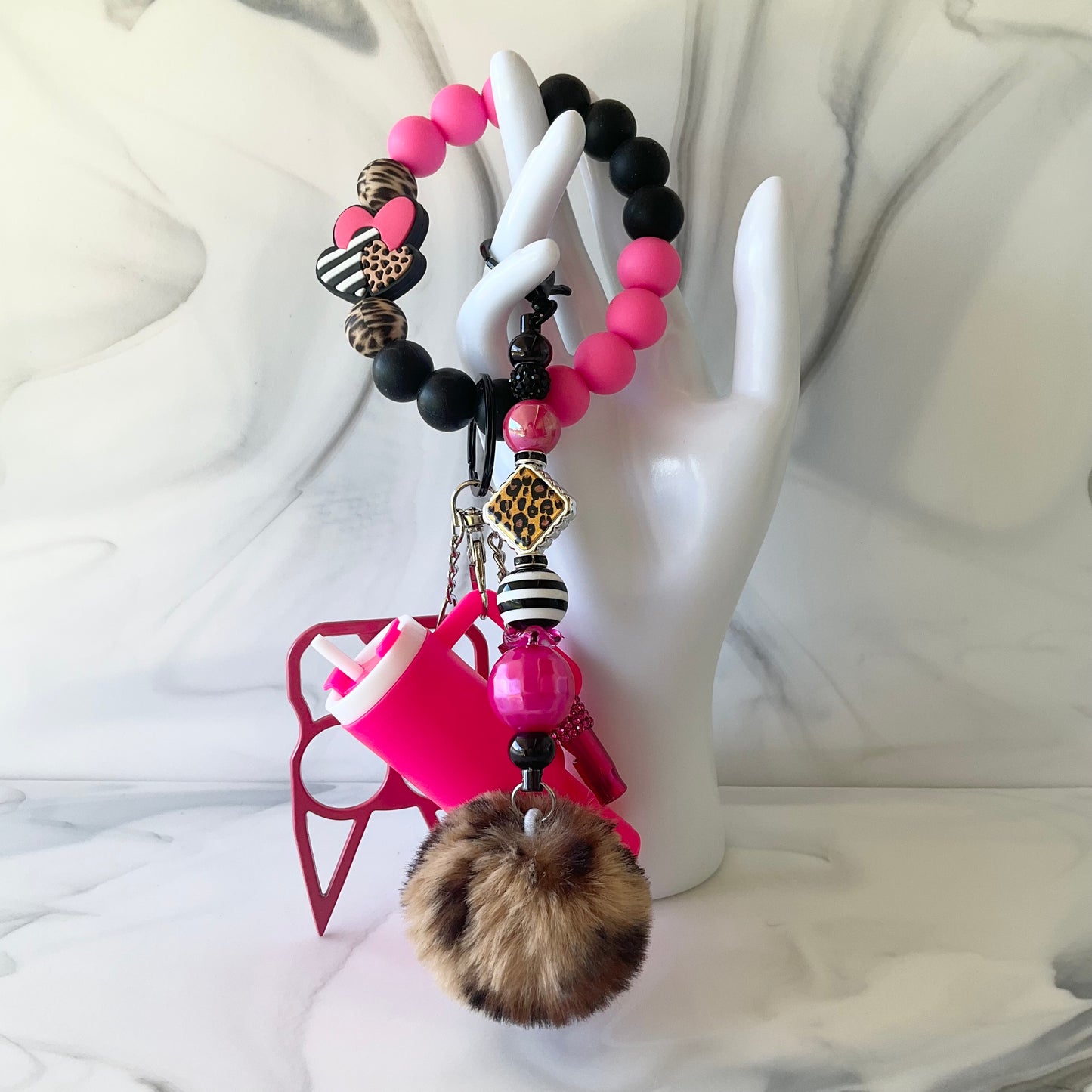 Hot Pink Leopard Print Silicone Wristlet Self Defense Keychain Set Large