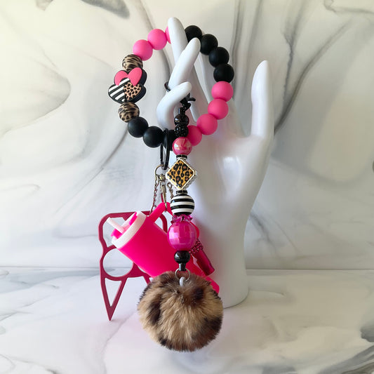 Hot Pink Leopard Print Silicone Wristlet Self Defense Keychain Set Large
