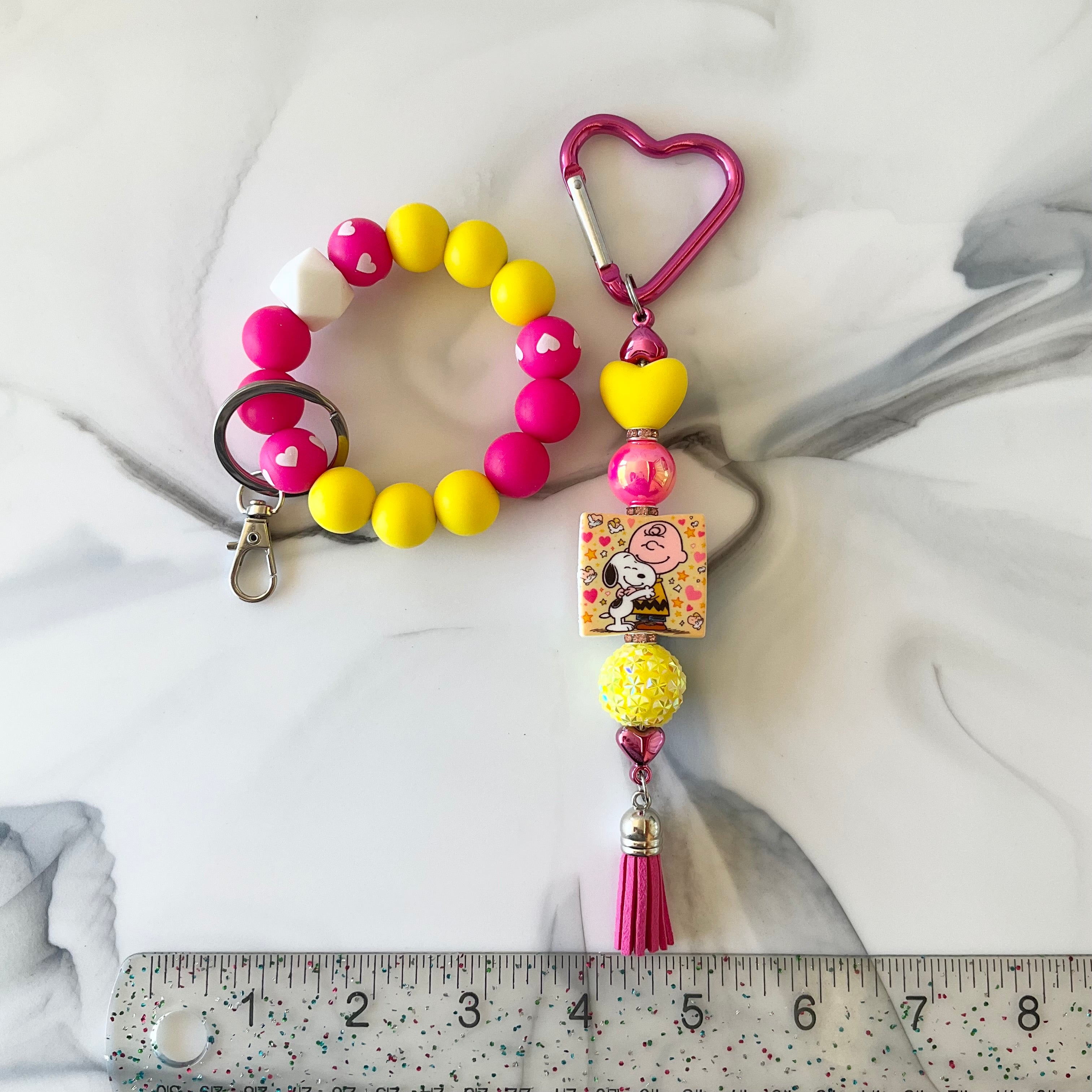 Cute Beagle & Boy Hot Pink & Yellow Silicone Wristlet Keychain Small